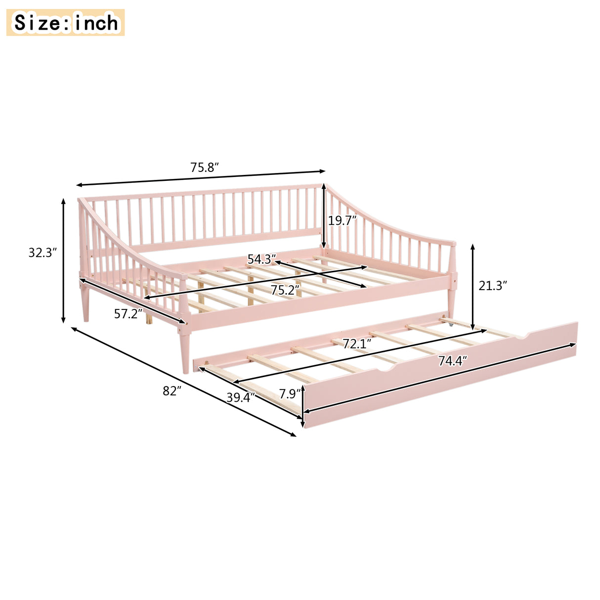 Full Size Daybed with Trundle and Support Legs Pink