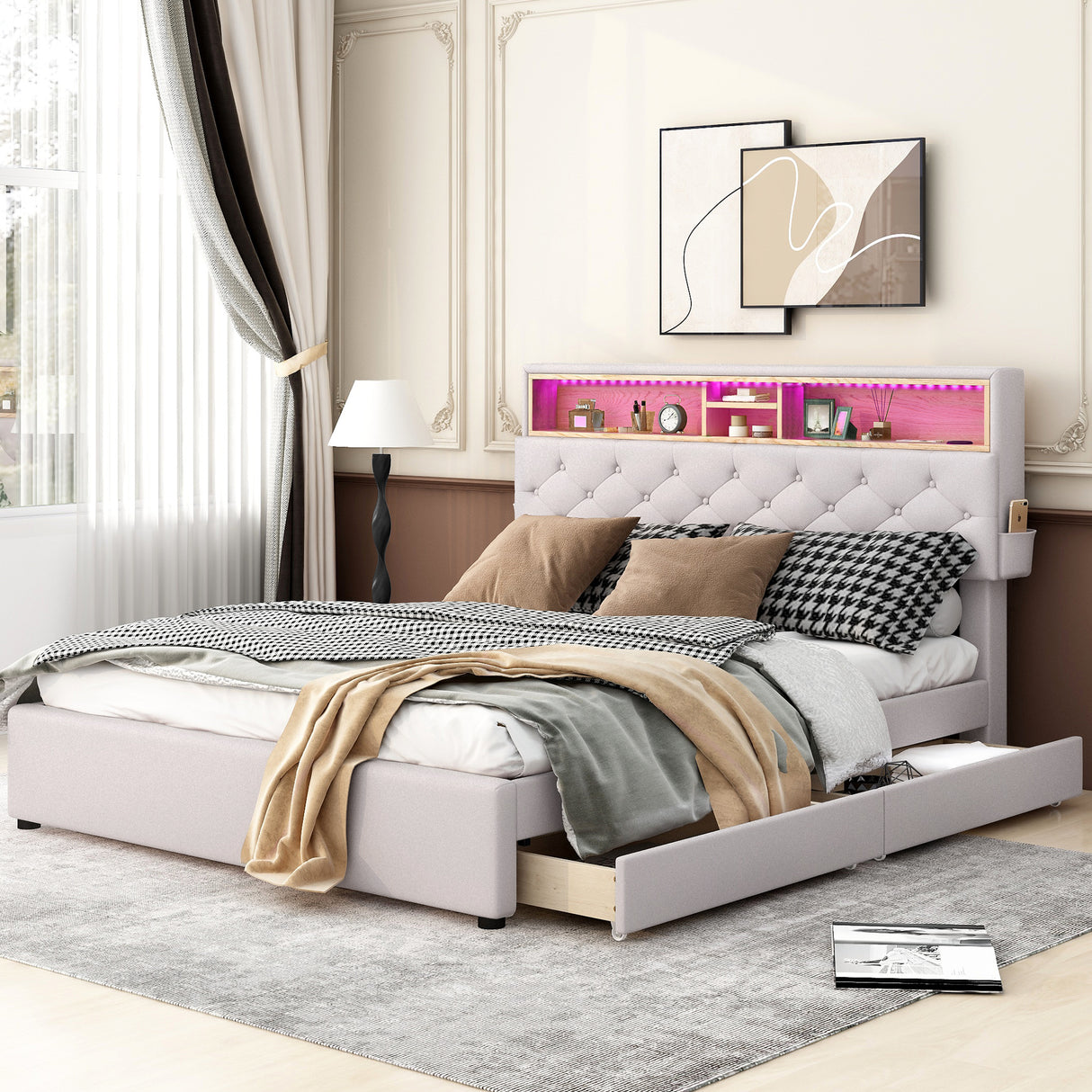 Queen Size Upholstered Platform Bed with Storage Headboard LED USB Charging and 2 Drawers Beige