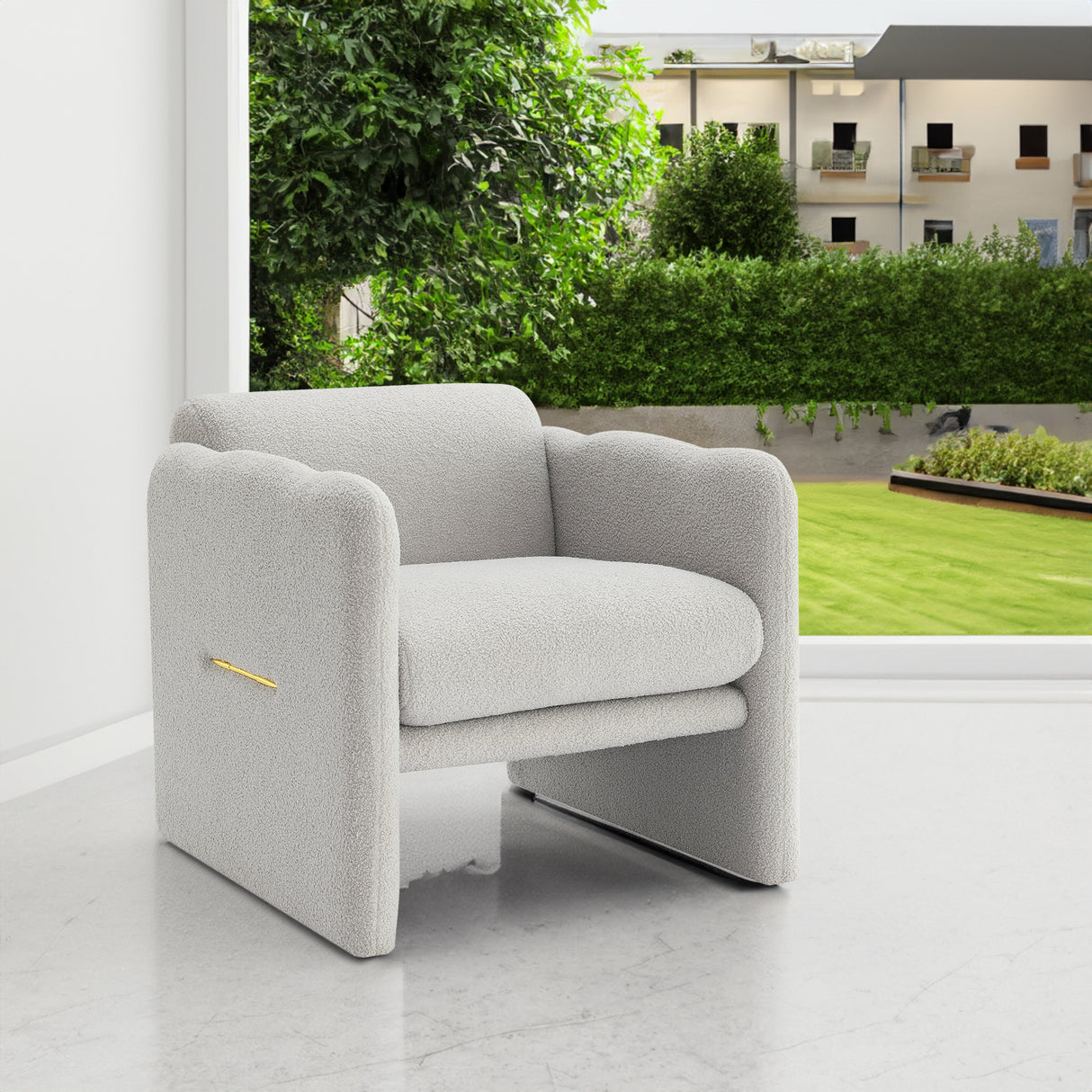 Armchair with wavy armrests, metal decorations on both sides of the armrests, made of Teddy cloth, light gray - V.I.P Digital Presence