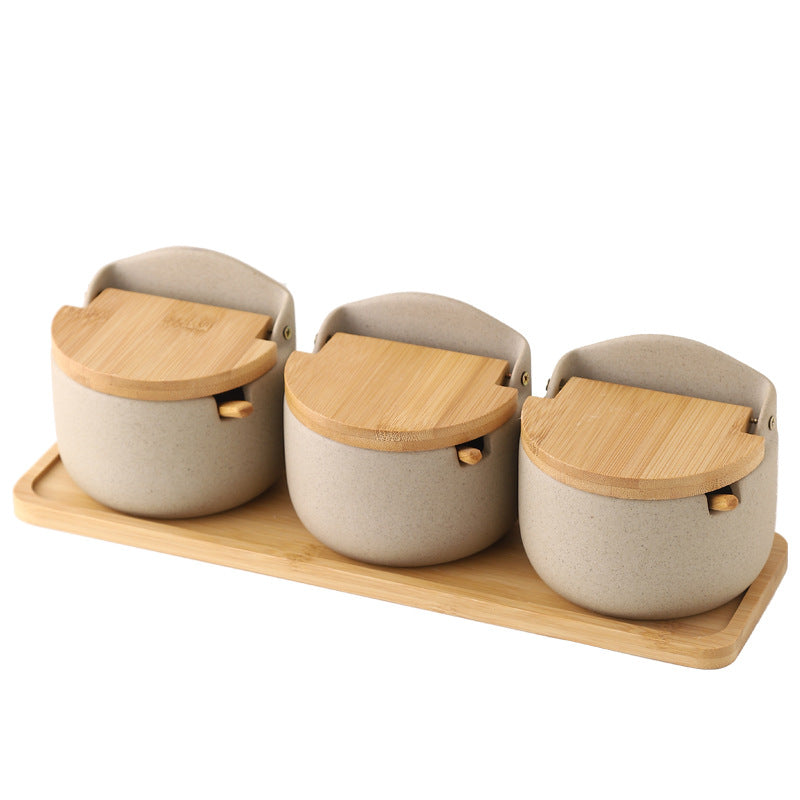 Japanese Ceramic Bamboo and Wood Lid Seasoning Jar Seasoning Box Kitchen Seasoning Storage Jar Salt Sugar Jar Set - V.I.P Digital Presence