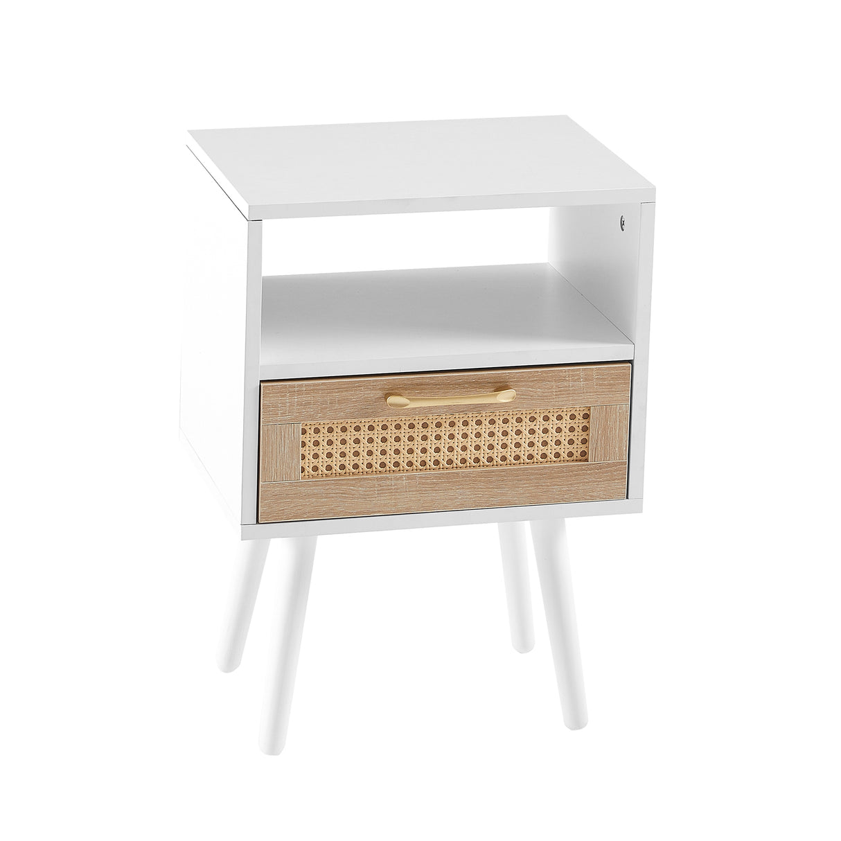 15.75" Rattan End table with drawer and solid wood legs Modern nightstand side table for living room white - V.I.P Digital Presence