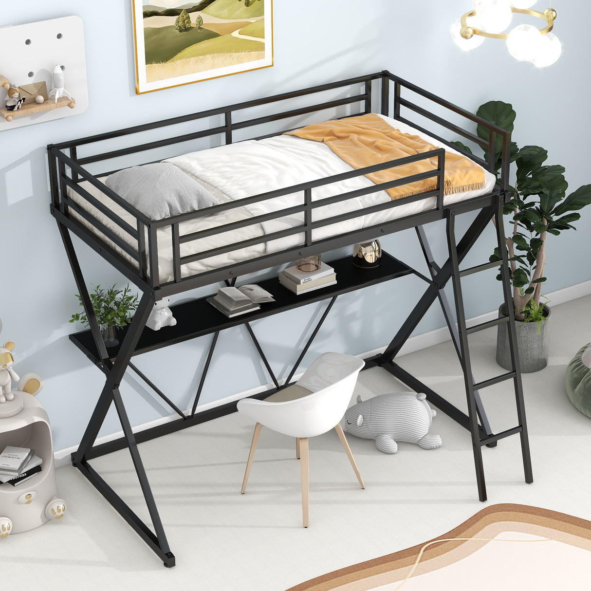 Twin Size Loft Bed with Desk Ladder and Full-Length Guardrails X-Shaped Frame Black