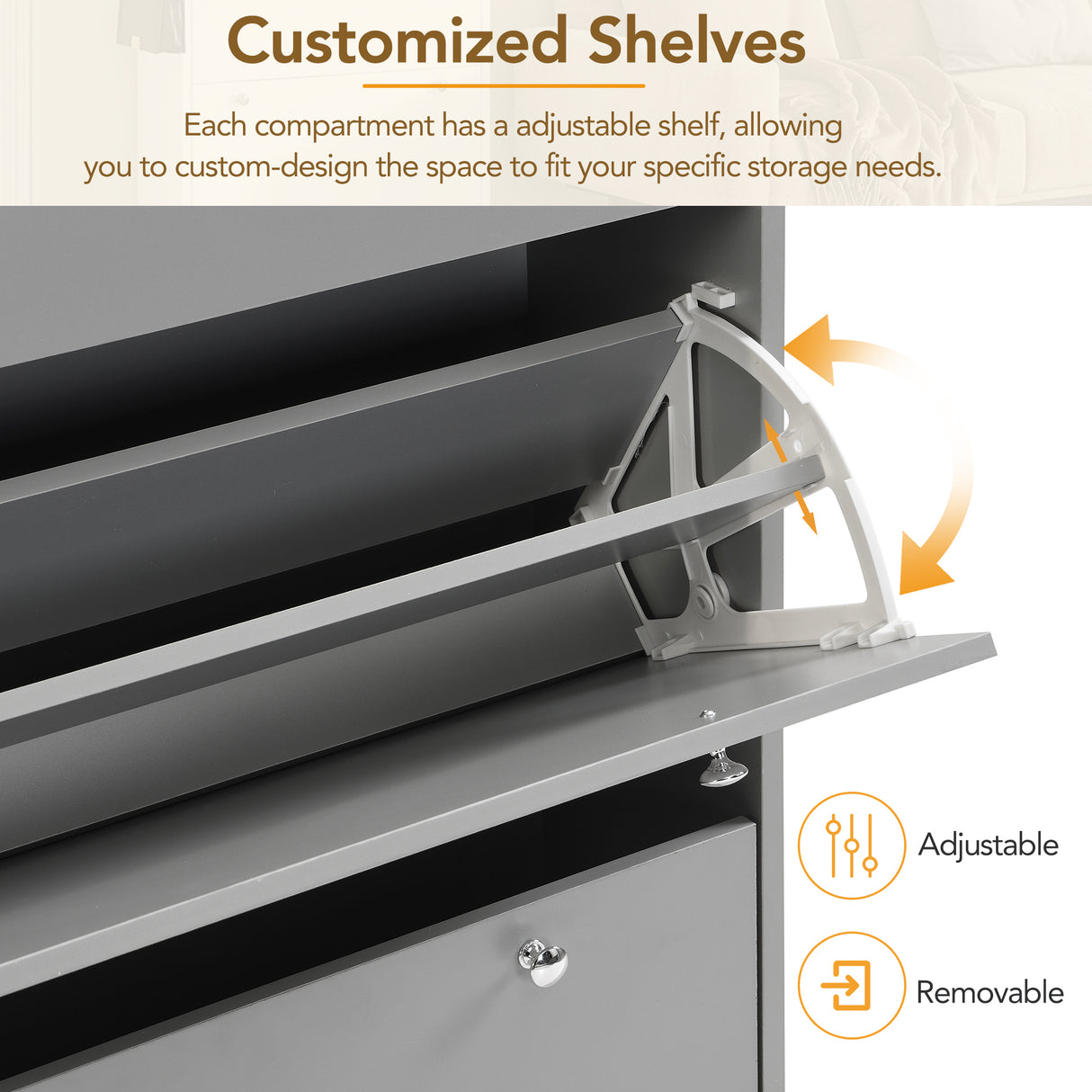 ON-TRANS narrow design shoe cabinet with 3 flip drawers and 3 independent shoe racks with 3 hooks, gray - V.I.P Digital Presence