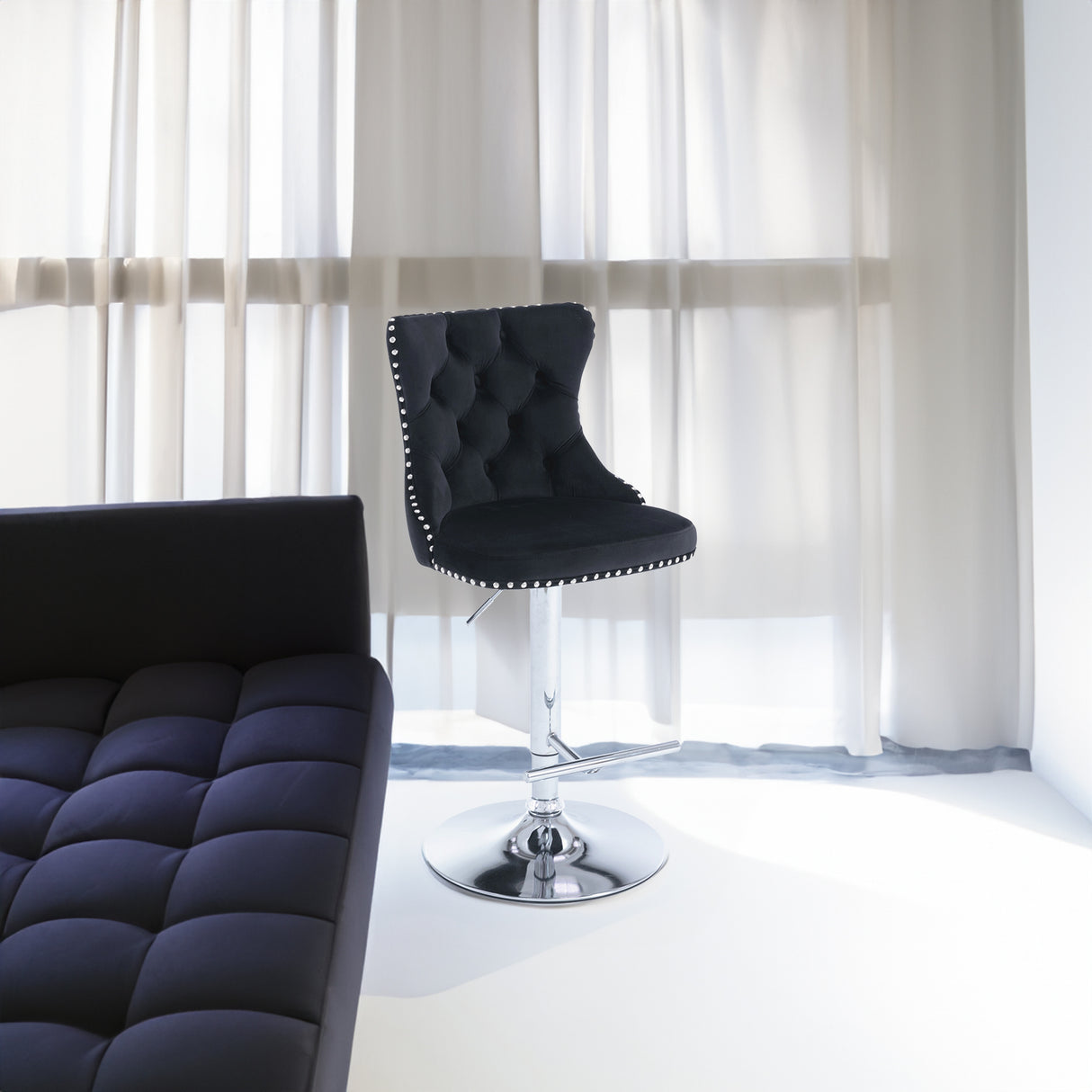 25-33 Inch, Modern Upholstered Chrome base Bar Stools with Back Comfortable Tufted for Home Pub and Kitchen Island(Black,Set of