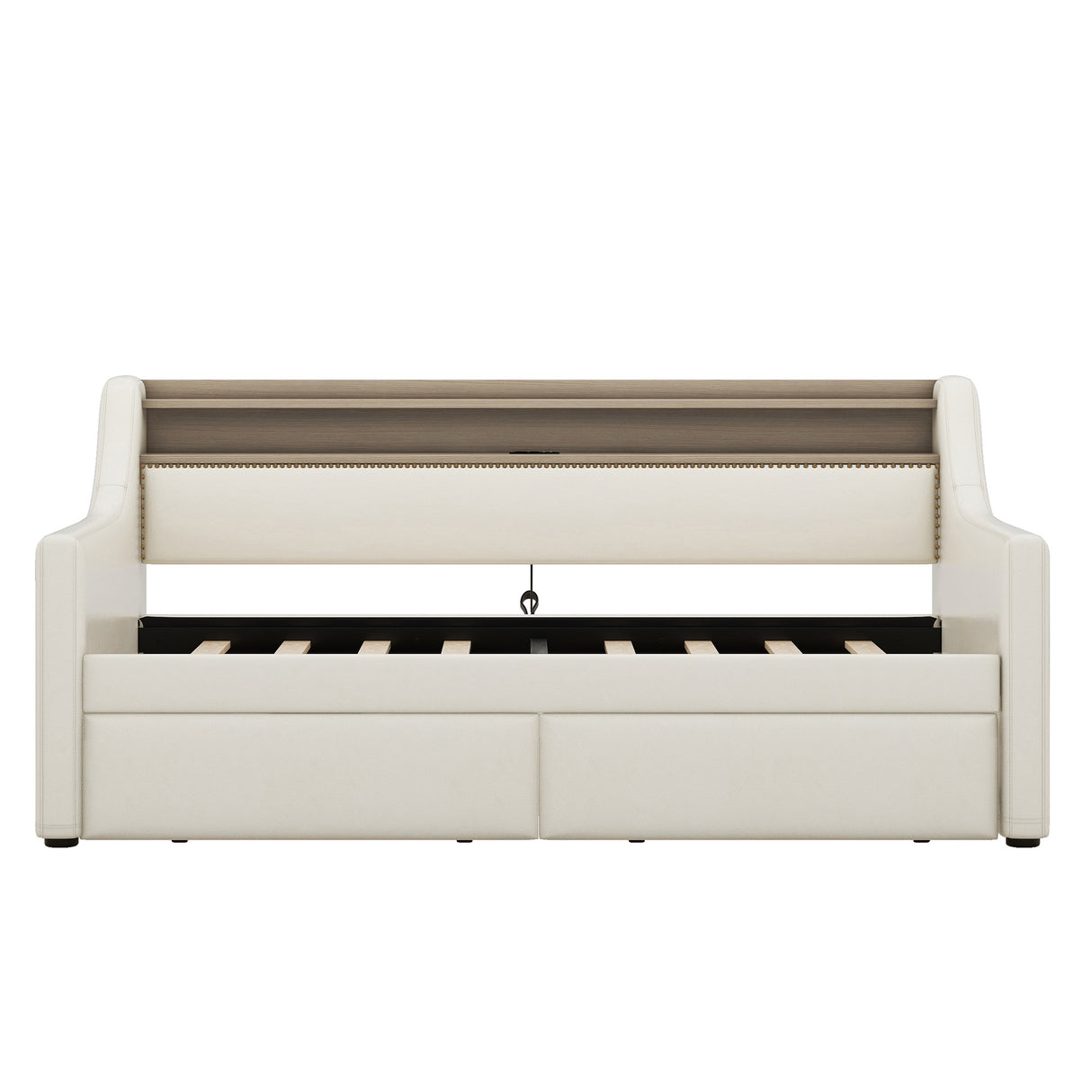 Twin Size Daybed with Storage Drawers, Upholstered Daybed with Charging Station and LED Lights, Beige