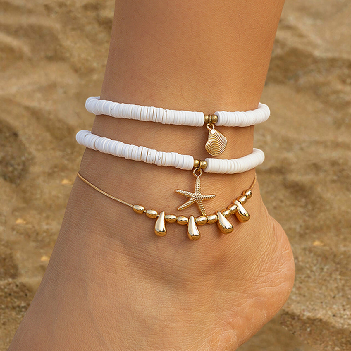 Holiday starfish soft ceramic ankle chain set, beach multi-layer alloy copper chain ankle ring - V.I.P Digital Presence