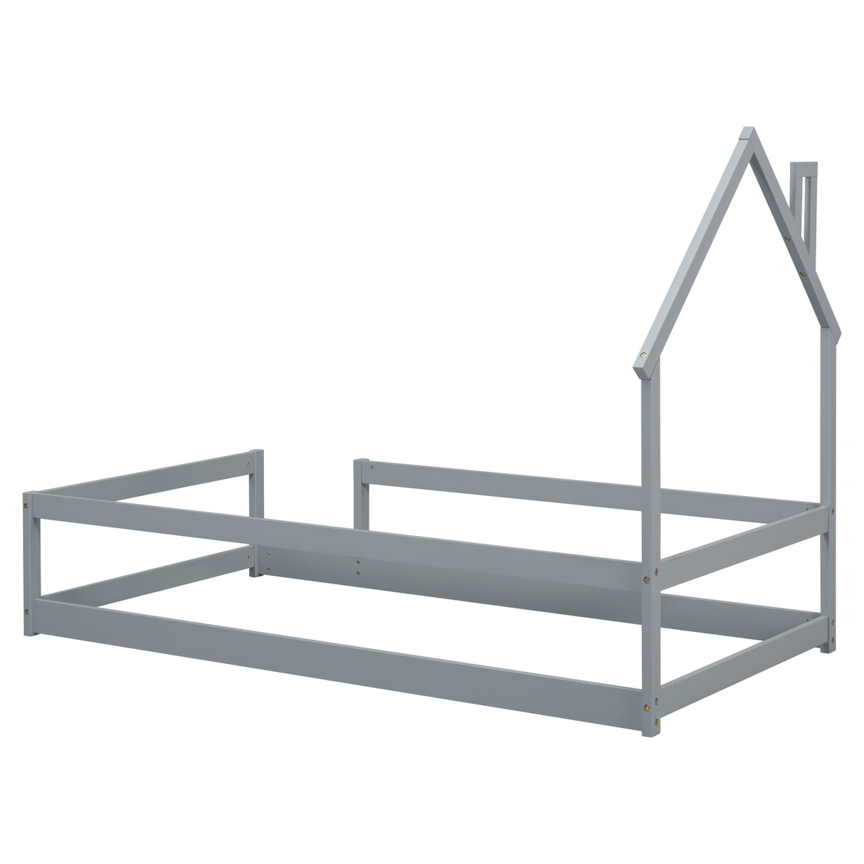 Twin Size Wood bed with House-shaped Headboard Floor bed with Fences,Grey - V.I.P Digital Presence