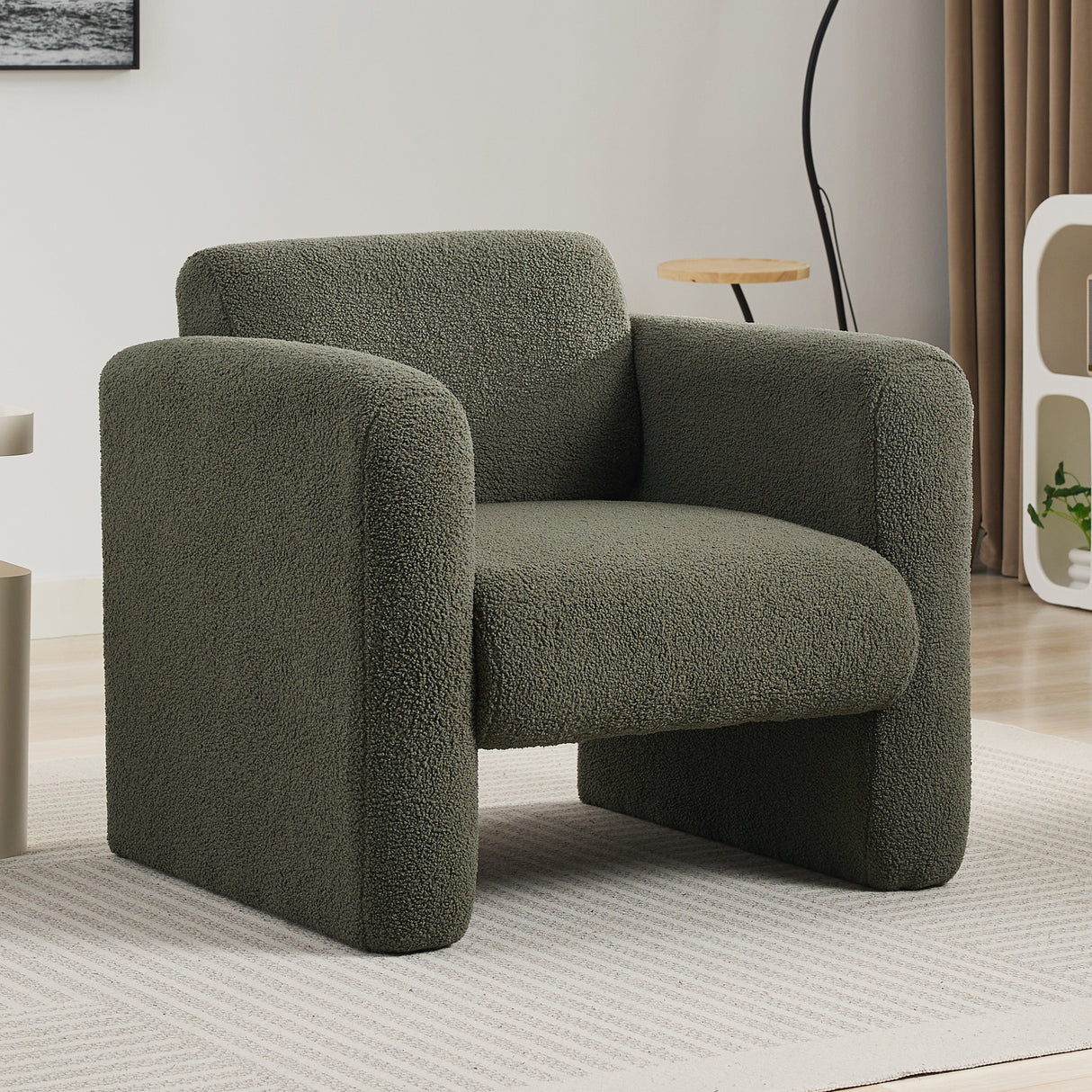 Modern style chair with sheepskin Sherpa fabric soft cushion, comfortable armchair, soft with backrest and pillow, seaweed green - V.I.P Digital Presence
