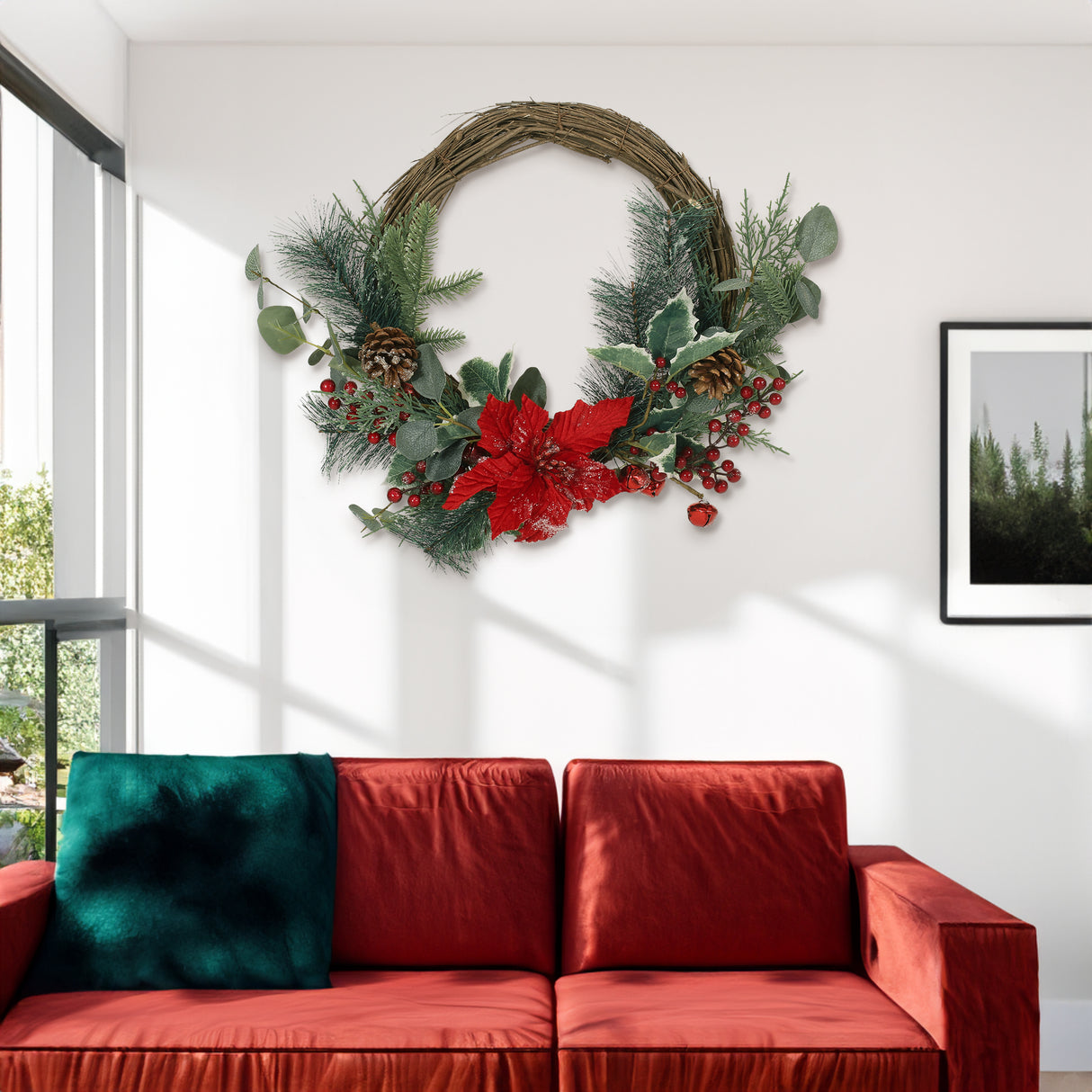 23.5" POINSETTIA/BERRY/EUCALYPTUS HALF WREATH - V.I.P Digital Presence