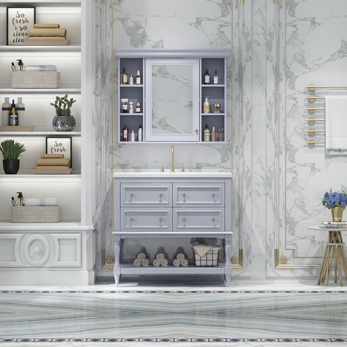 36'' Bathroom Vanity with Medicine Cabinet, Modern Mirror Cabinet with Adjustable Shelf, Bathroom Storage Cabinet with 4 Drawers - V.I.P Digital Presence