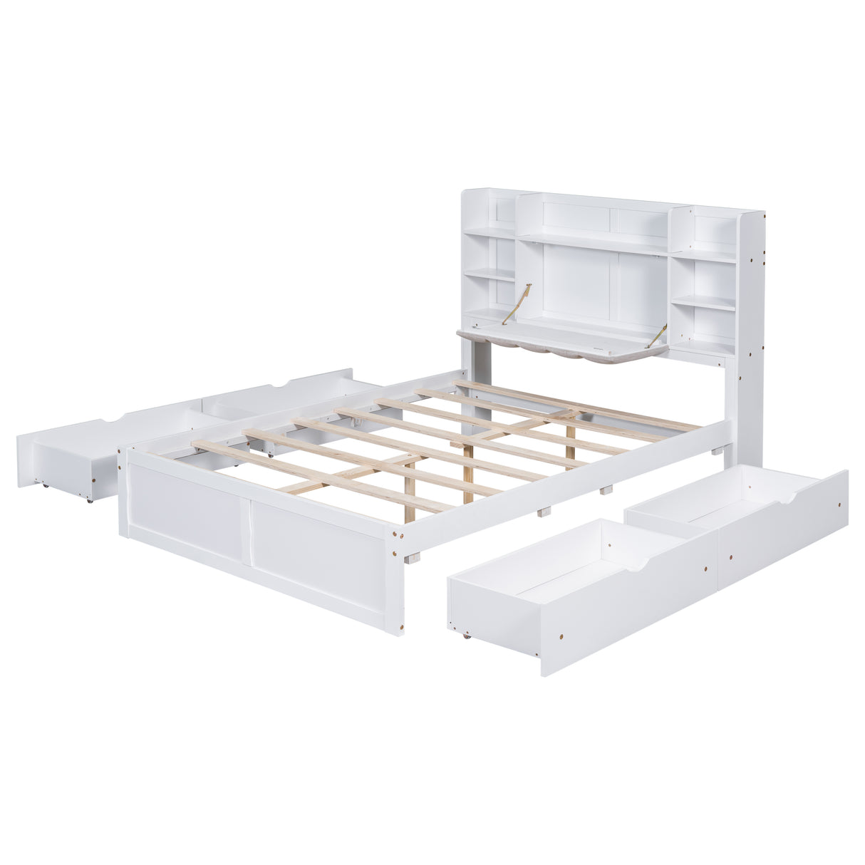 Multi-functional Full Size Bed Frame with 4 Under-bed Portable Storage Drawers and Multi-tier Bedside Storage Shelves White