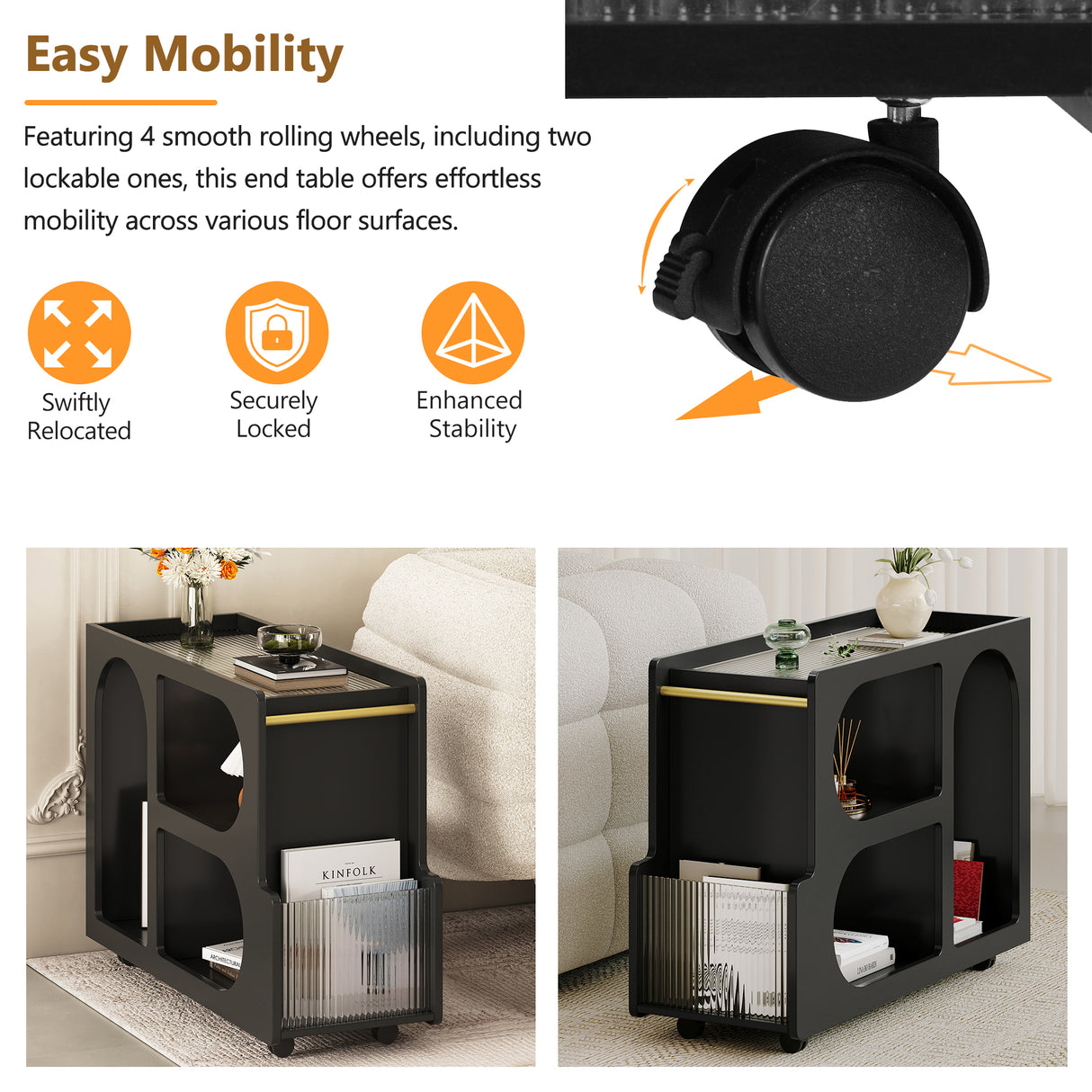 Stylish mobile desk with lockable wheels,bedside table with 5mm thick grooved tempered glass and gold round bars ,black - V.I.P Digital Presence