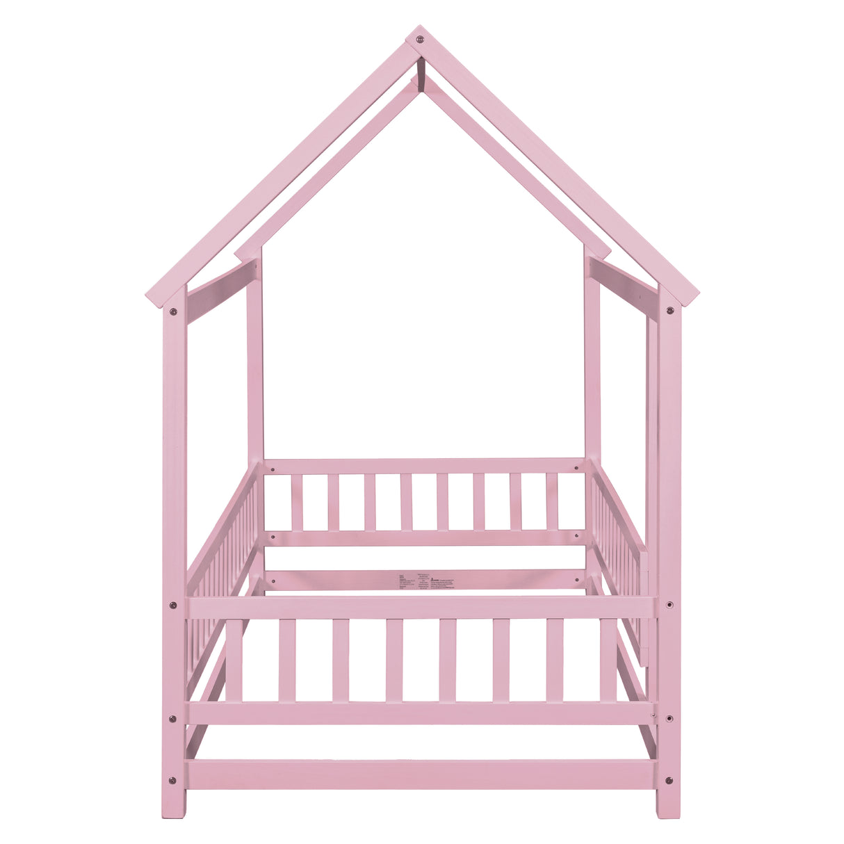 Twin Size Floor Wooden Bed with House Roof Frame, Fence Guardrails,Pink - V.I.P Digital Presence