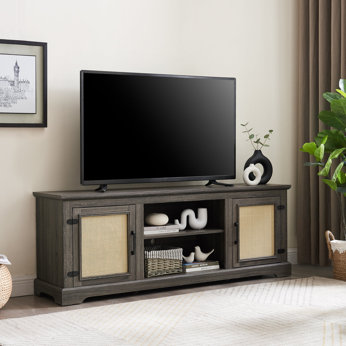 Vine TV stand console table, suitable for TVs under 70 inches, equipped with 2 storage shelves and 2 natural rattan doors, gray - V.I.P Digital Presence