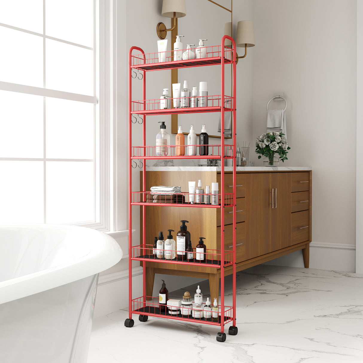 Red 6-story rolling cart gap kitchen ultra-thin sliding out storage tower shelf with wheels, 6 baskets - V.I.P Digital Presence