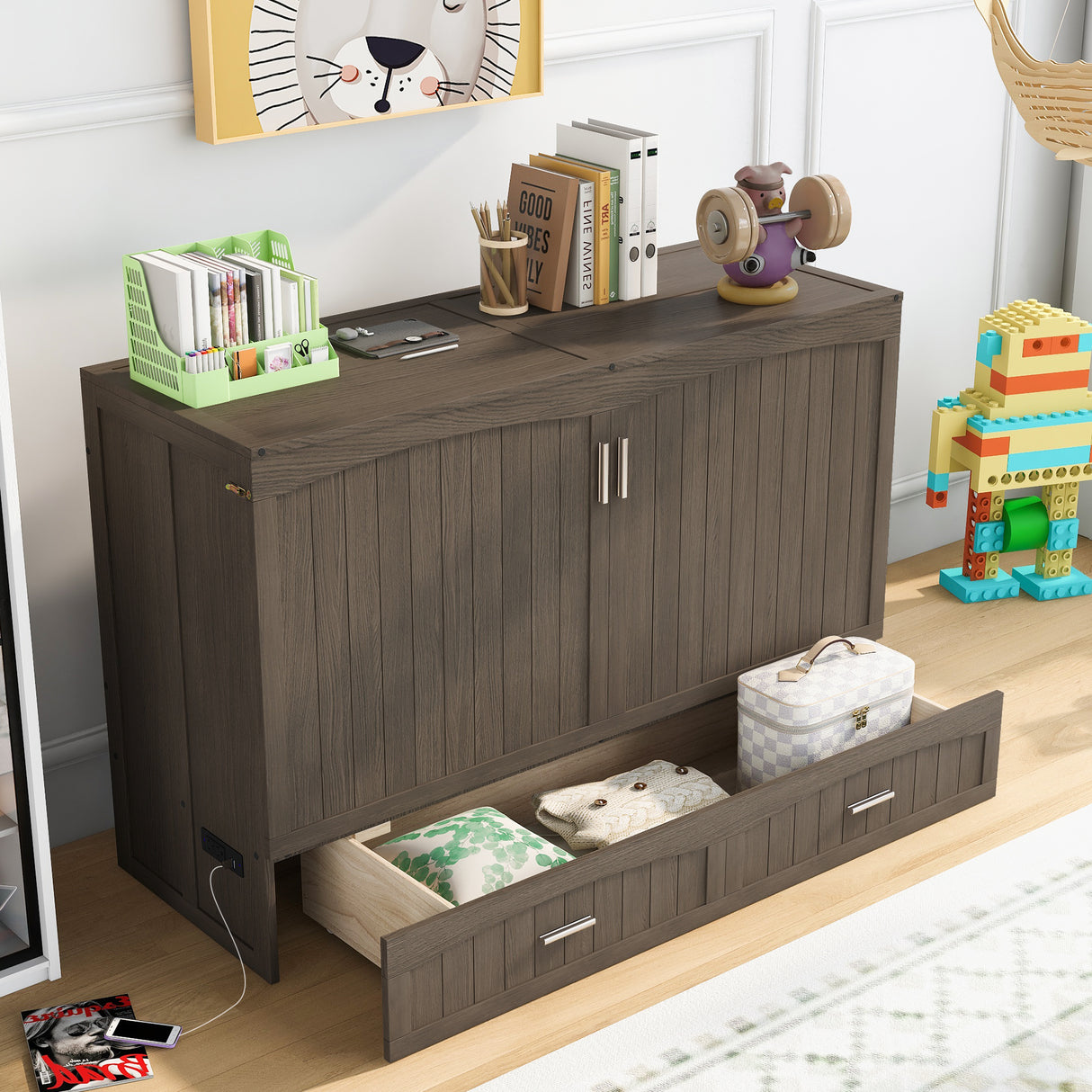 Queen Size Murphy Bed with Built-In Charging Station Antique Grey