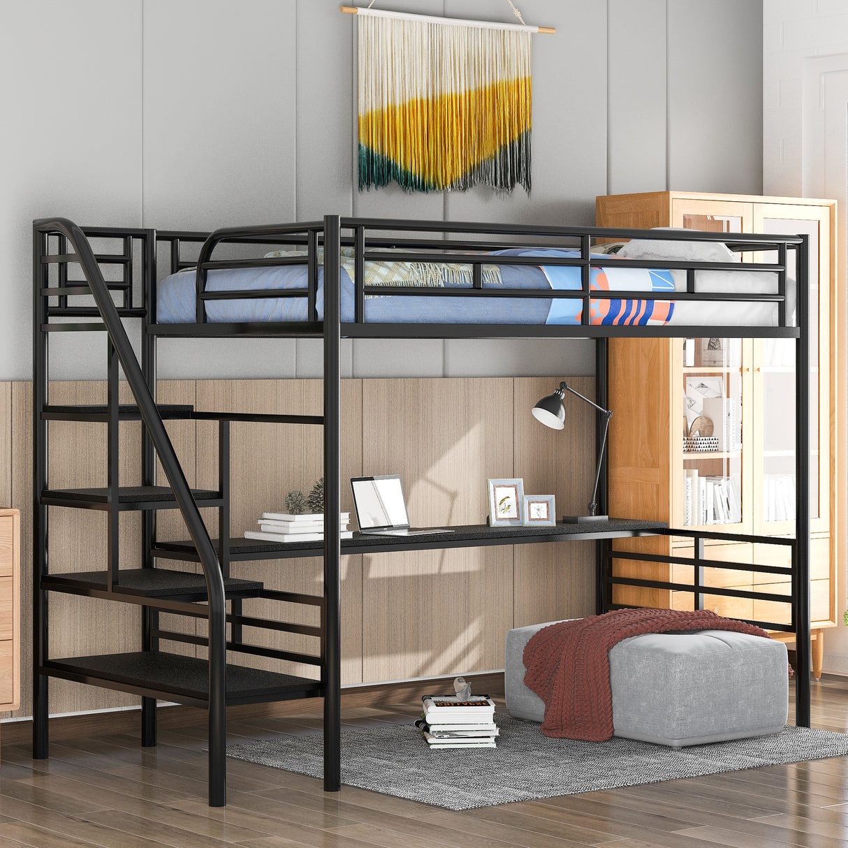 Metal Loft Bed Frame with Desk No Box Spring Needed Twin Black
