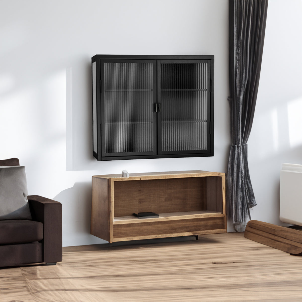 Retro Style Haze Double Glass Door Wall Cabinet With Detachable Shelves for Office Dining Room Living Room