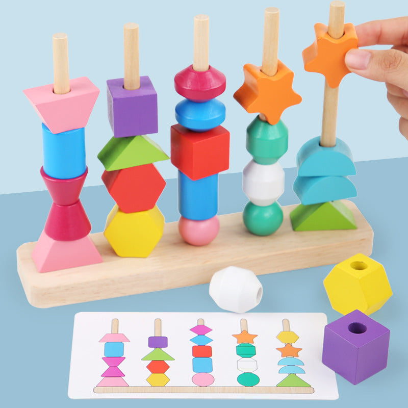 Wooden children's puzzle bead toys with five sets of column colors, sensory enlightenment, shape perception, and building block toys - V.I.P Digital Presence
