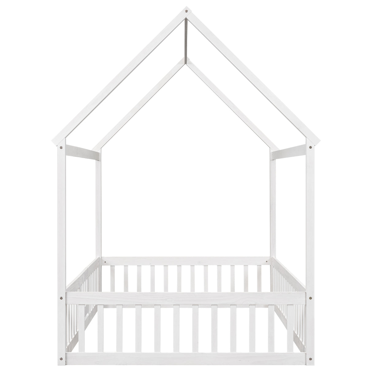 Full Size Wood House Bed with Fence and Door White Wash
