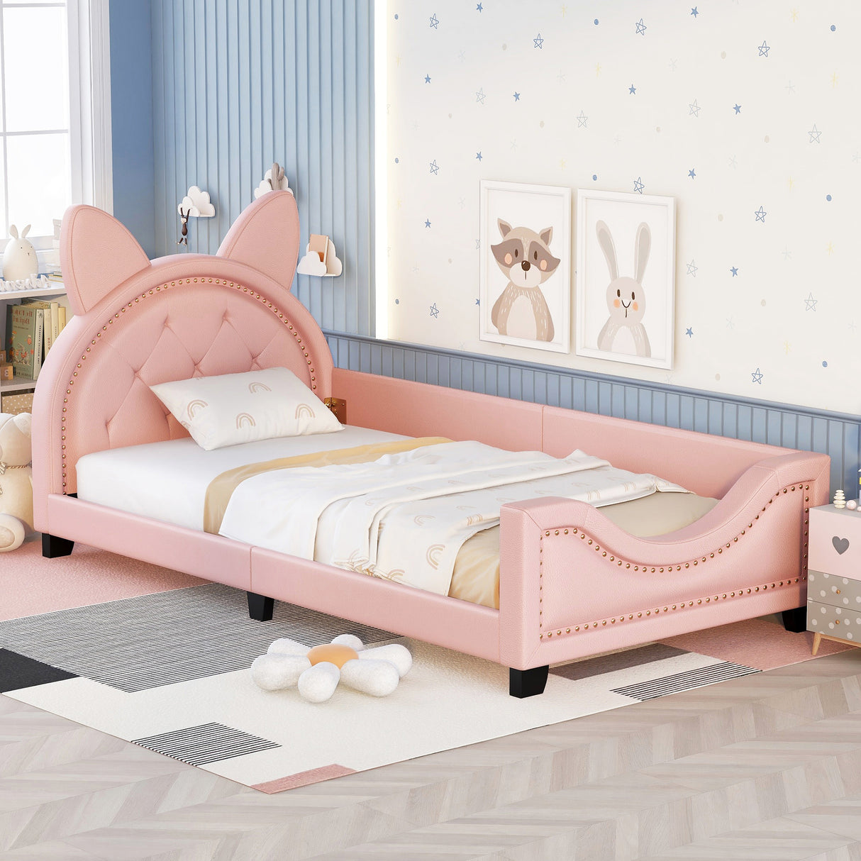 Twin Size Upholstered Daybed with Carton Ears Shaped Headboard Pink