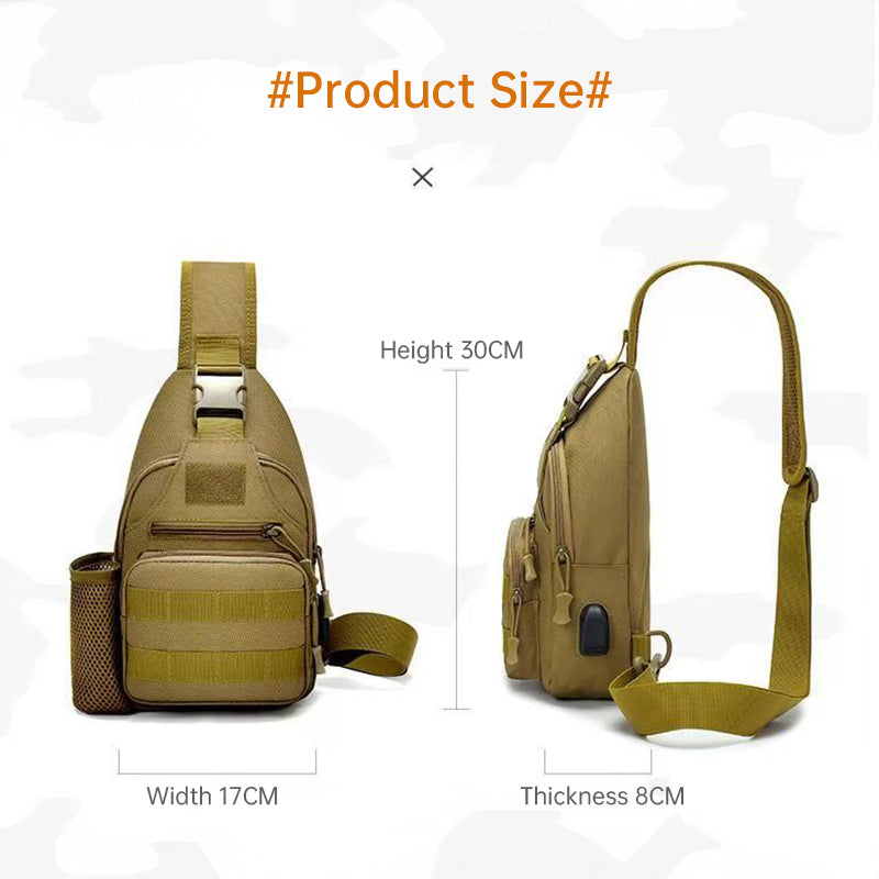 Tactical crossbody sling backpack. Has water bottle holder, MOLLE system, USB charging port. Ideal for travel and walks. Cp Camo - V.I.P Digital Presence