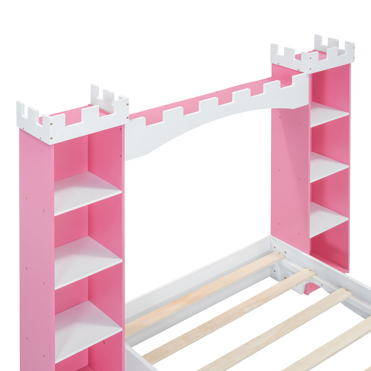 Castle-Shaped Wooden Bed with Storage Shelf, Dreamy Twin Size Platform Bed for Kids Bedroom, White + Pink - V.I.P Digital Presence
