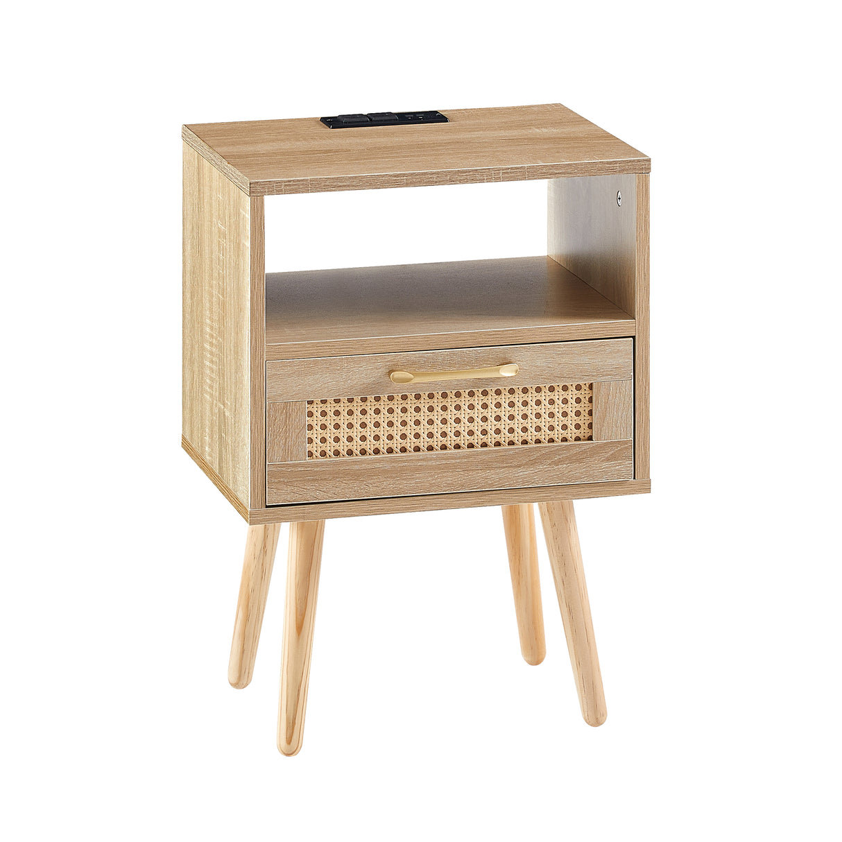 15.75" Rattan End table with Power Outlet & USB Ports Modern nightstand with drawer and solid wood legs - V.I.P Digital Presence