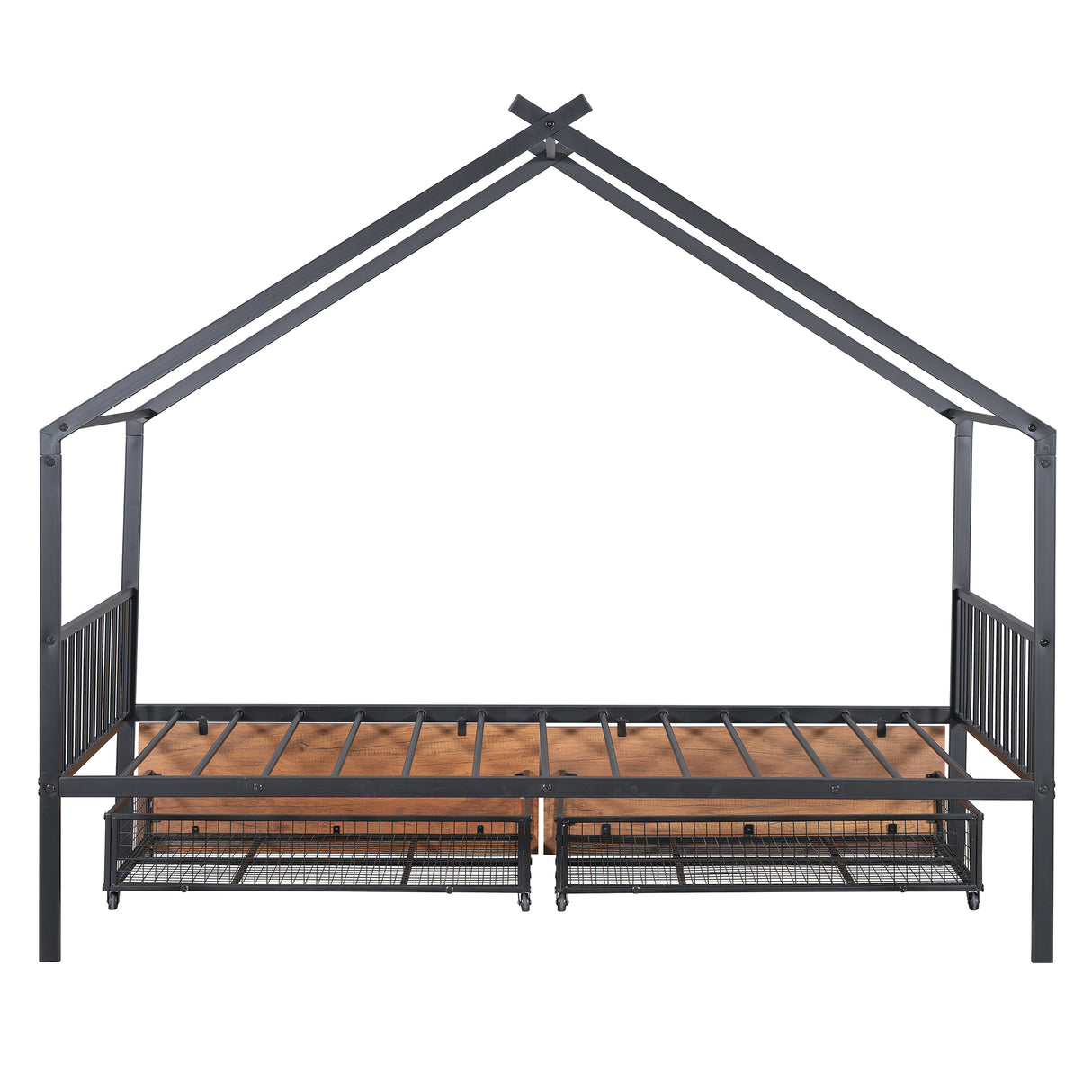 Twin Size Metal House Bed with Two Drawers, Black - V.I.P Digital Presence
