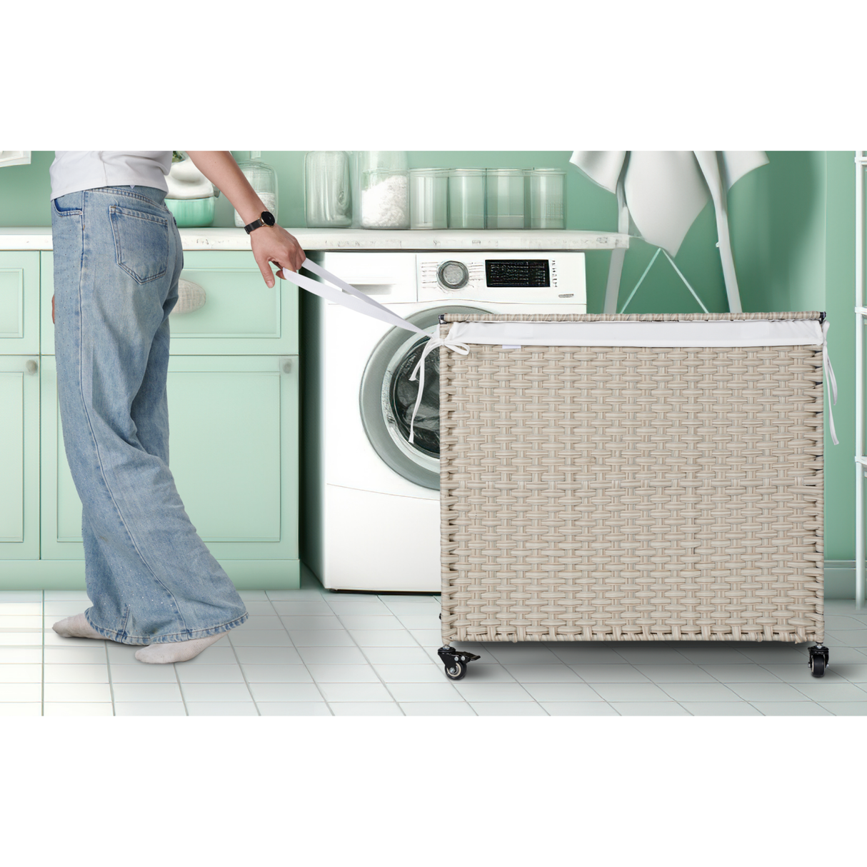 Laundry Hamper With Lid PE Rattan Powder Coating Frame Clothes Hampers with 02 Removable Bags, Wheels, 160L, Grey Color - V.I.P Digital Presence