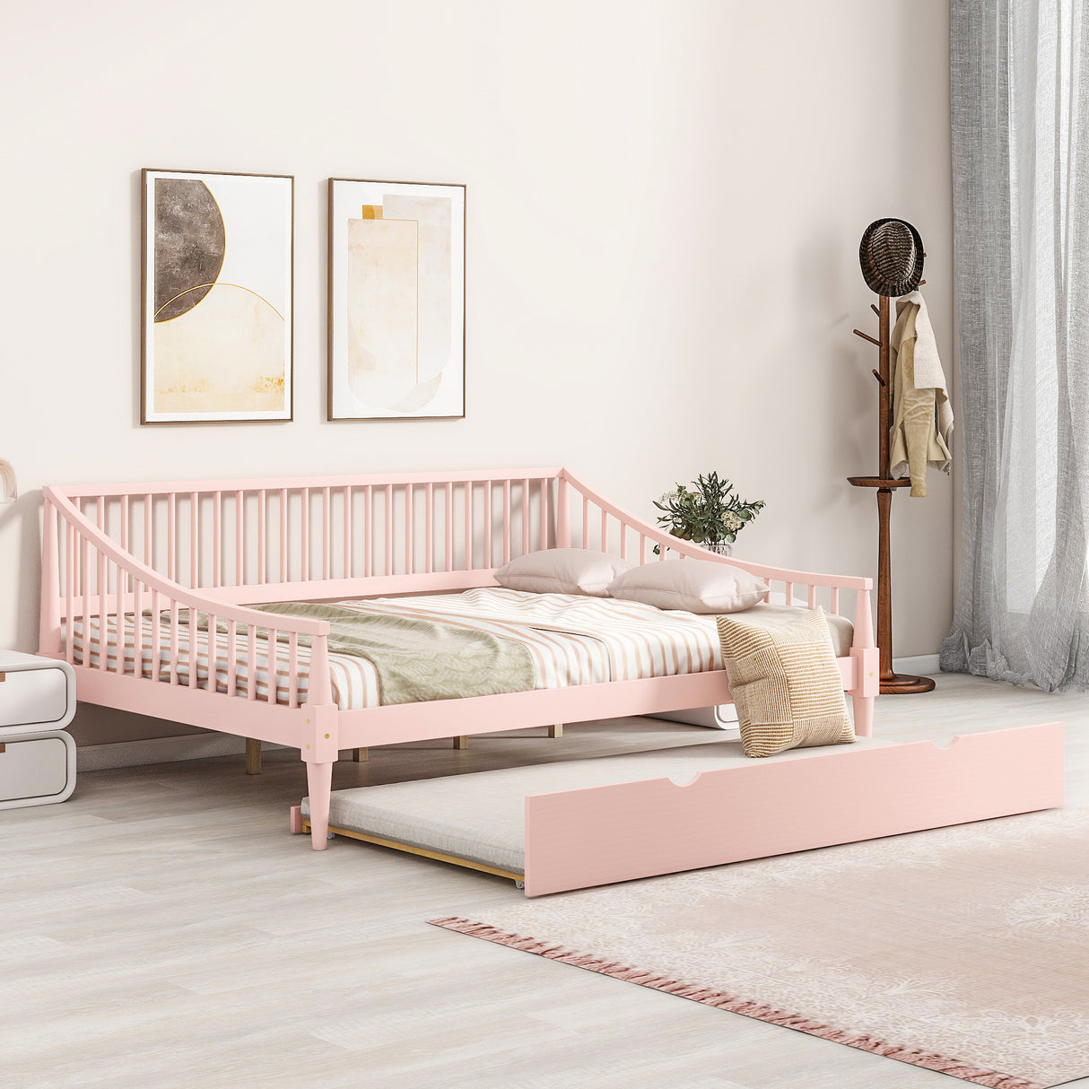 Full Size Daybed with Trundle and Support Legs Pink