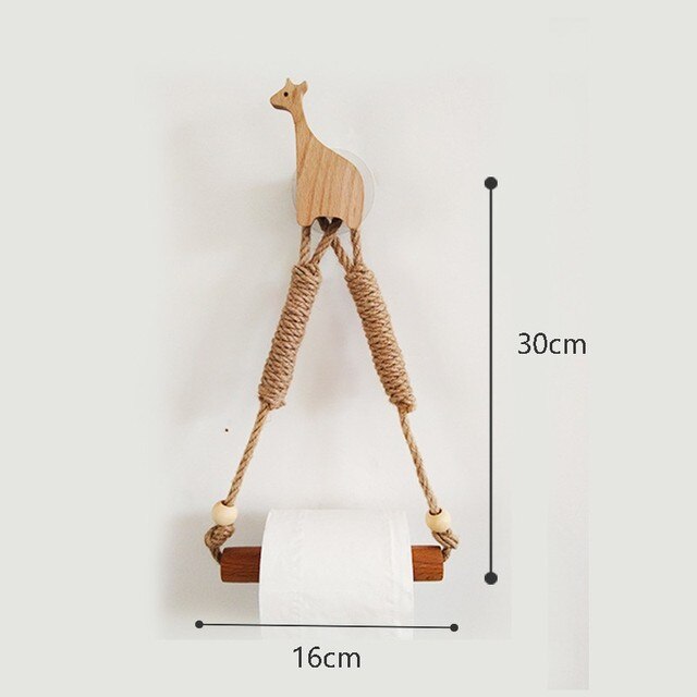 Nordic Indoor Wooden Solid Wood Hemp Rope Animal Tissue Holder Children's Room Decoration Wall Hanger Hemp Rope Hook Toilet Paper Holder - V.I.P Digital Presence
