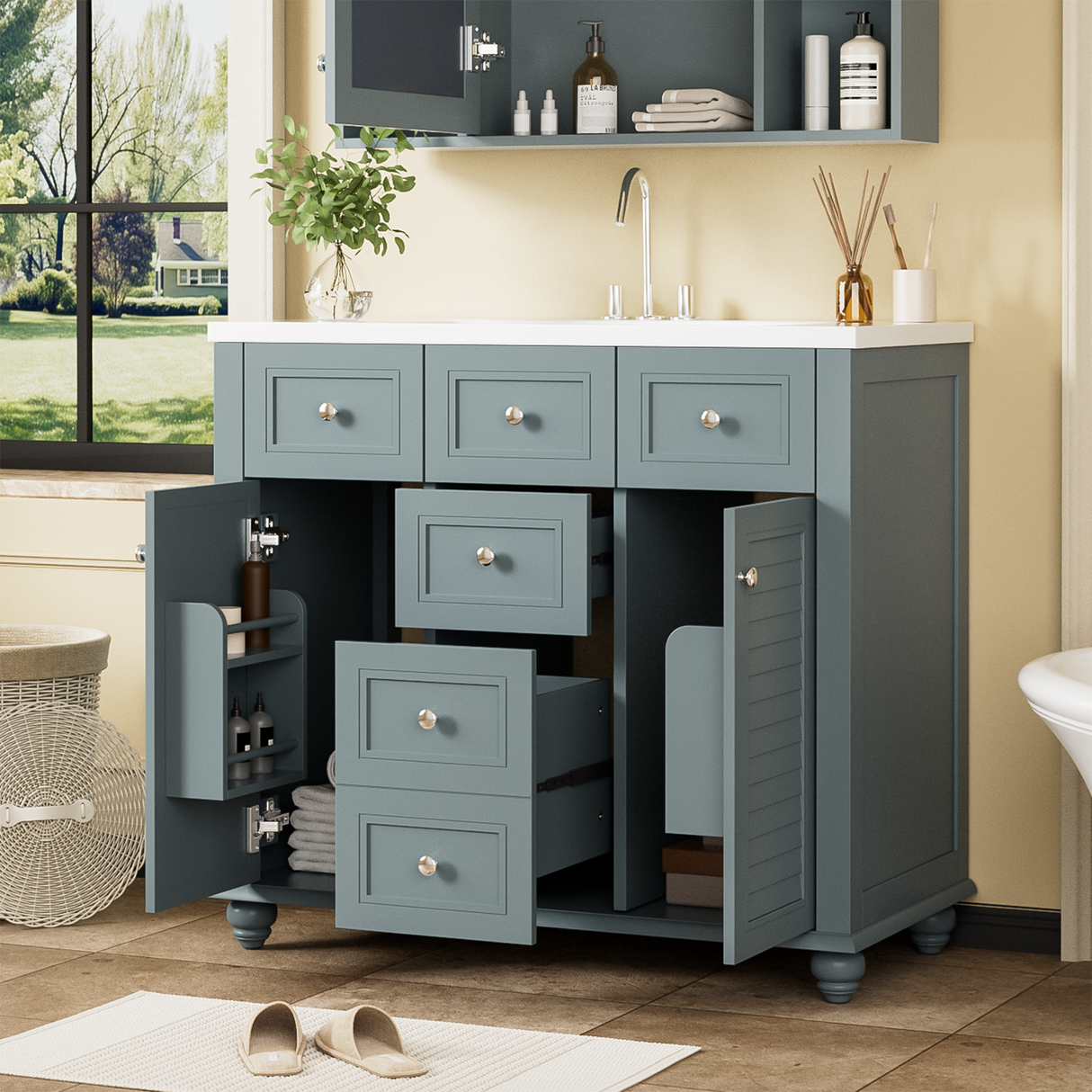 36 "bathroom makeup cabinet with resin sink combination and 2 drawers, with soft closing door, blue color - V.I.P Digital Presence
