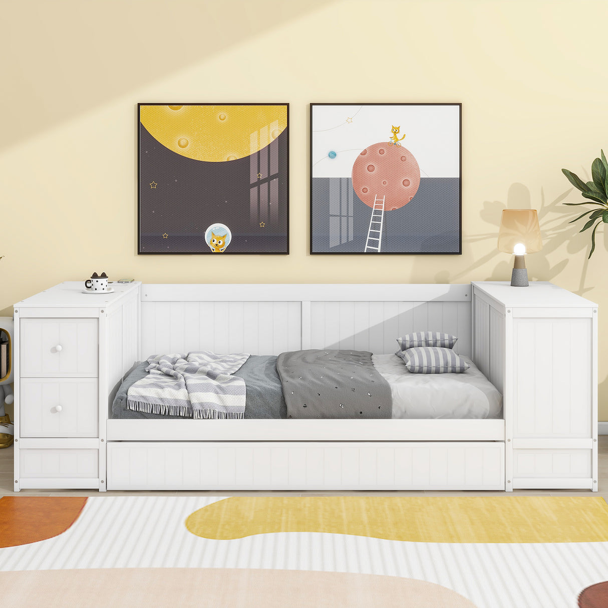 Twin Size Daybed with Storage Arms Trundle and Charging Station White