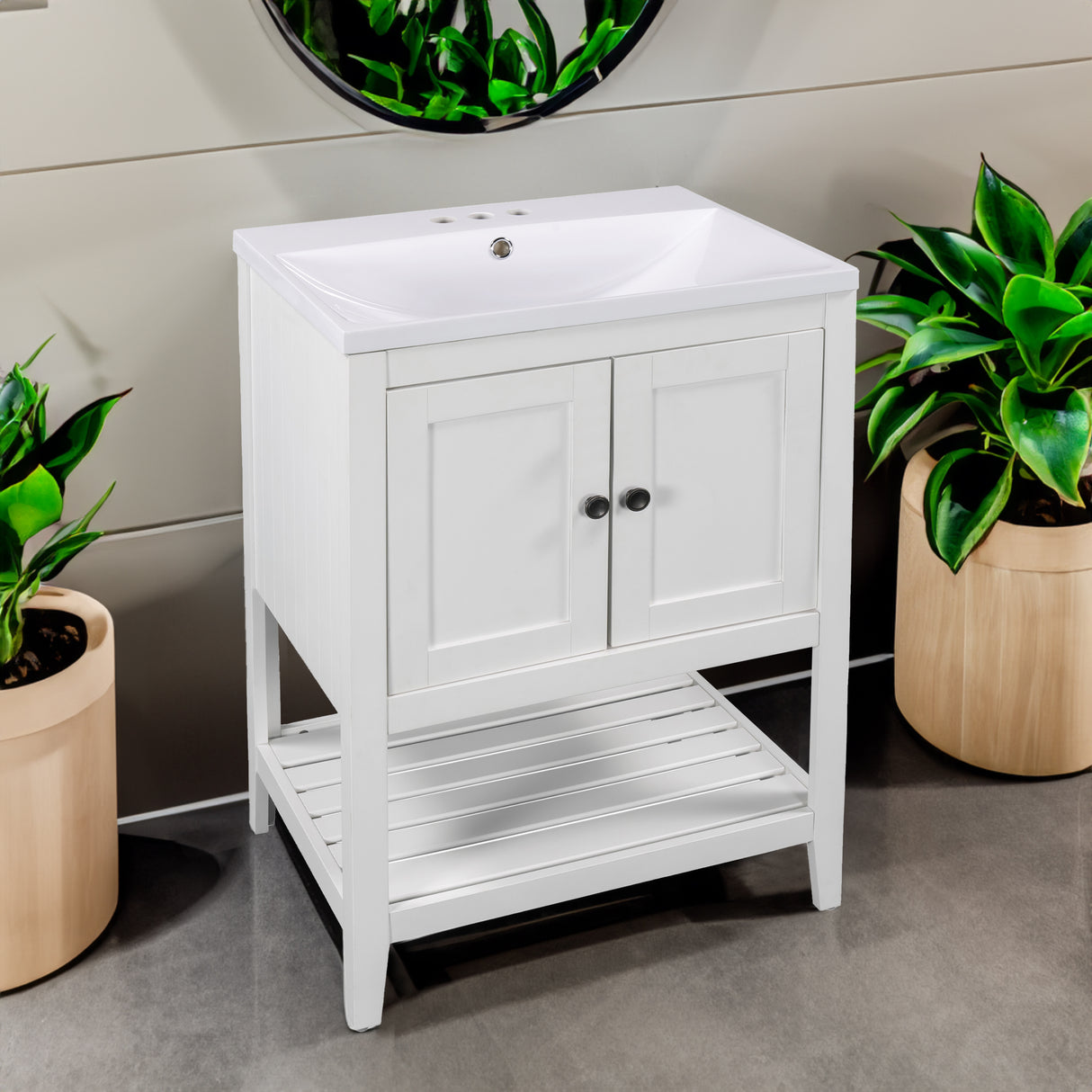 24" White Modern Sleek Bathroom Vanity Elegant Ceramic Sink with Solid Wood Frame Open Style Shelf - V.I.P Digital Presence