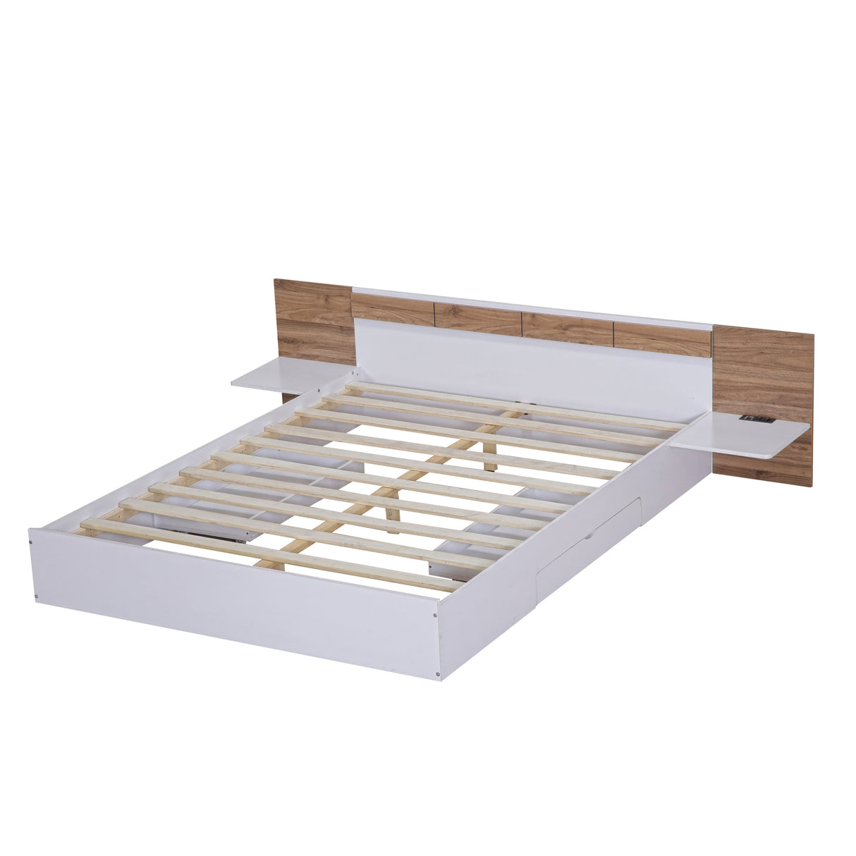 Queen Size Platform Bed with Headboard, Drawers, Shelves, USB Ports and Sockets White