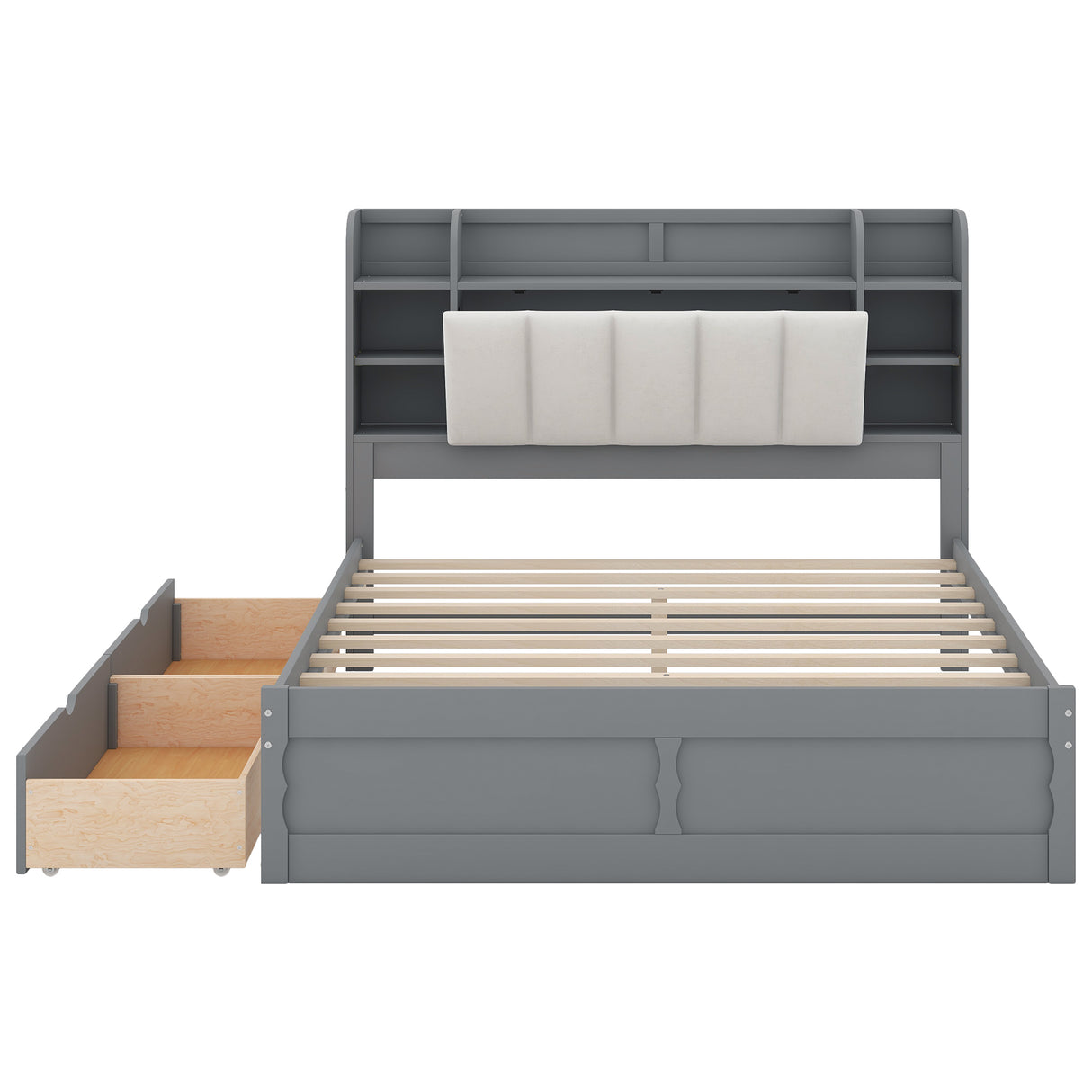 Wood Queen Size Platform Bed with Storage Headboard Shelves and 2 Drawers Gray