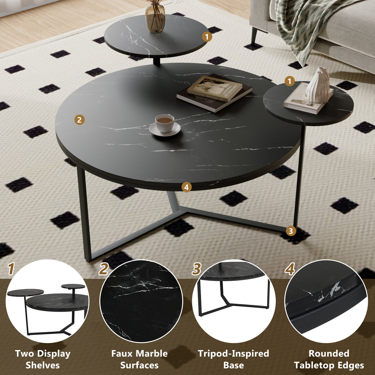 Modern coffee table with two display shelves, Black Faux marble surfaces, Tripod-inspired base,Rounded tabletop edges - V.I.P Digital Presence