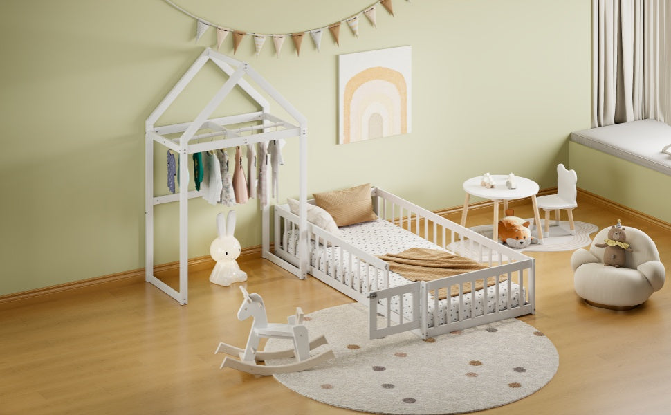 Wooden Twin Size Children's Bed with Detachable Headboard and Integrated Clothes Drying Rack, White - V.I.P Digital Presence