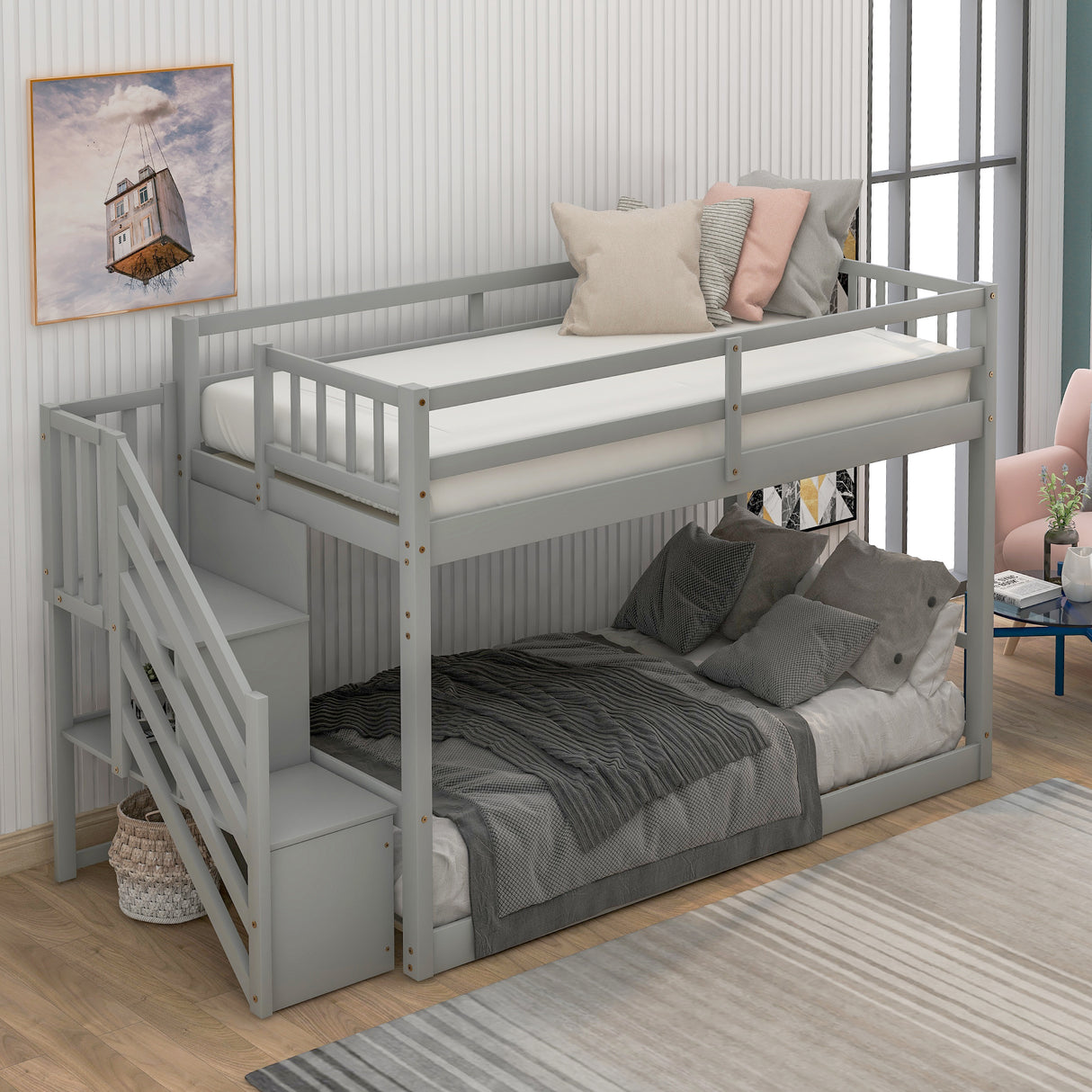 Twin over Twin Floor Bunk Bed, Ladder with Storage Gray