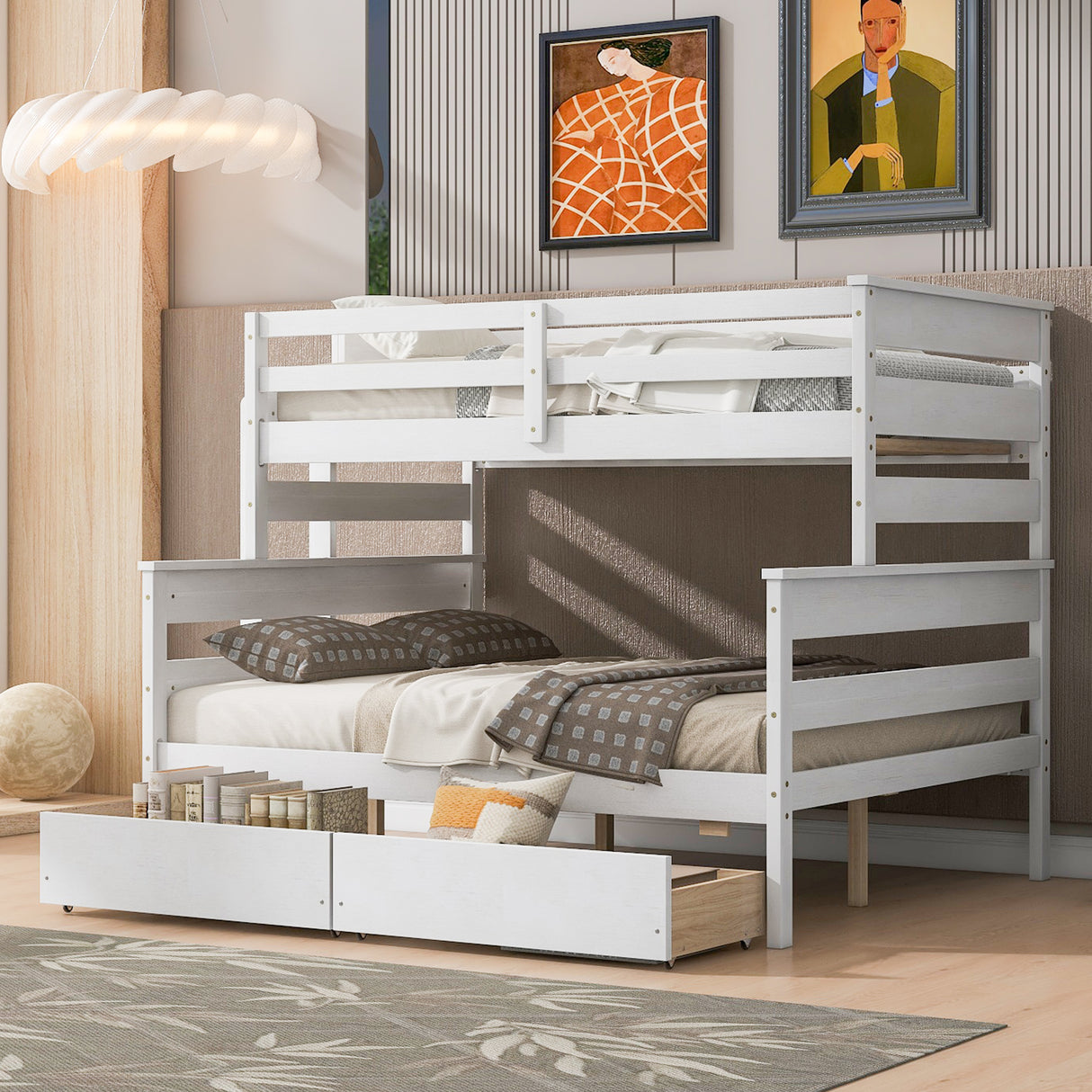 Wood Twin over Full Bunk Bed with 2 Drawers White
