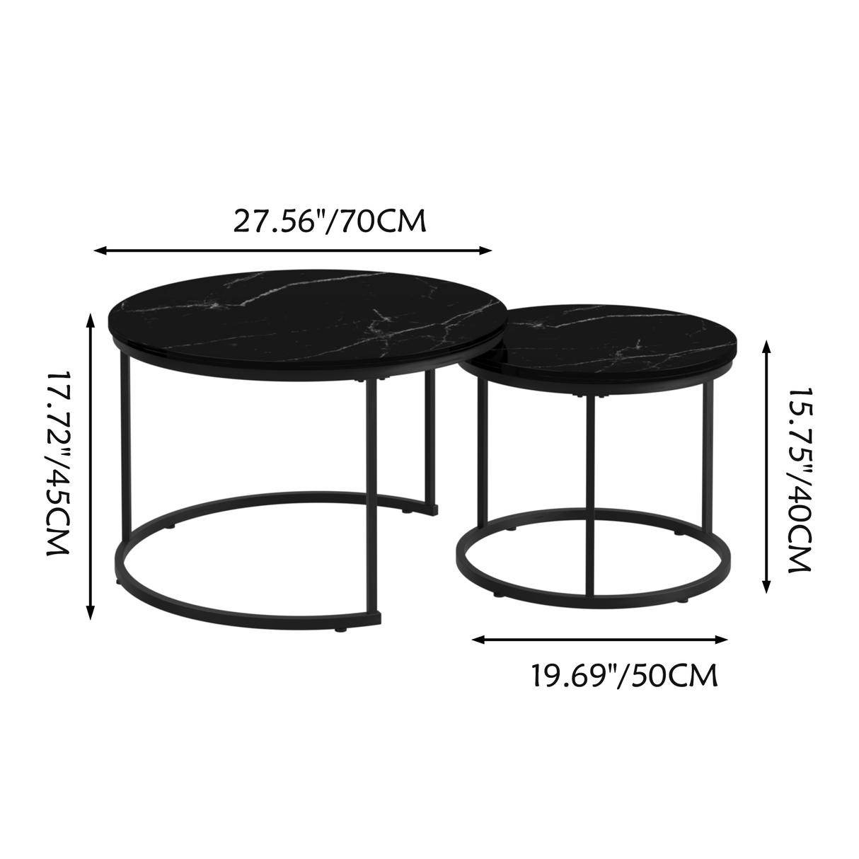 A set of nested coffee tables, 27.6-inch round coffee table, wooden marble patterned tabletop, sturdy metal frame (black) - V.I.P Digital Presence
