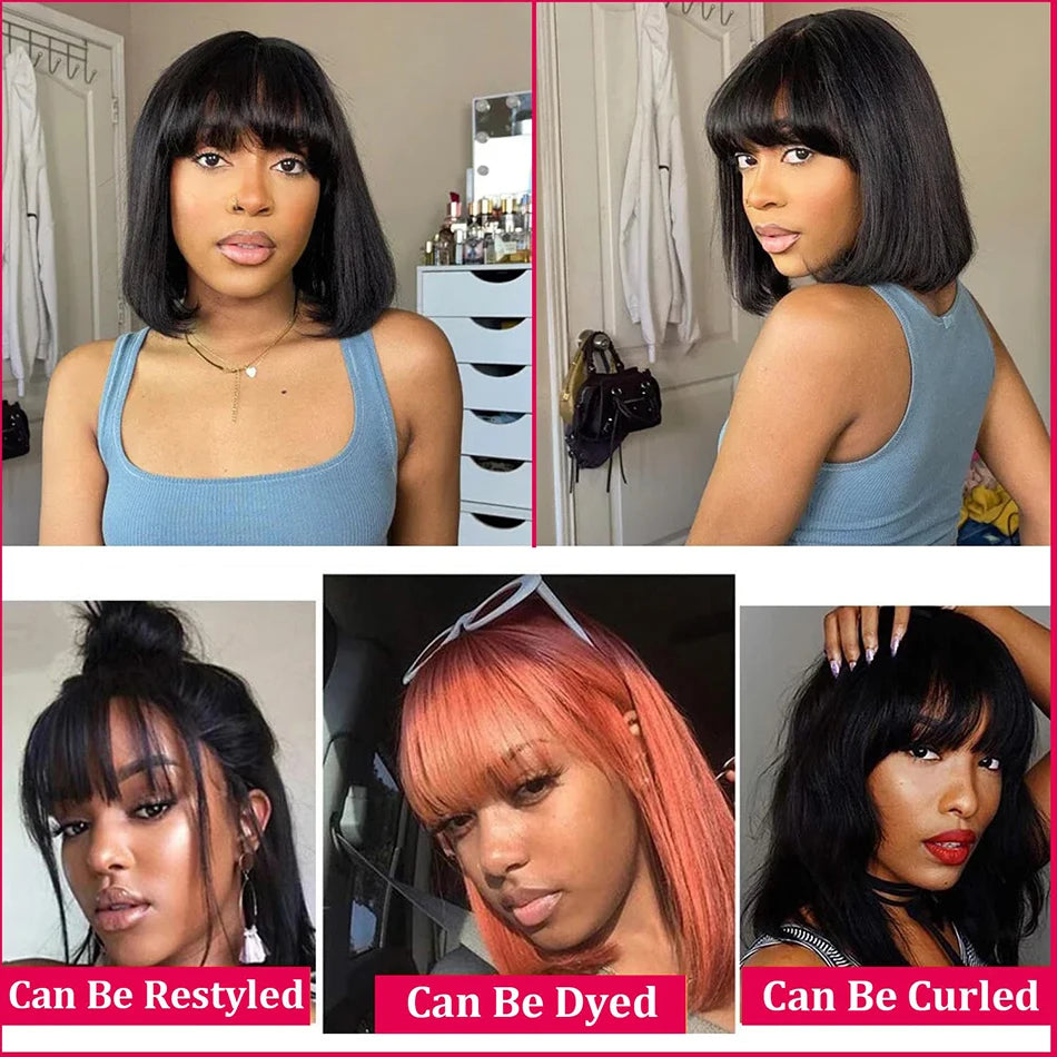 Middle Part 3X1 Hd Lace Wig Bone Straight Human Hair Wigs With Bangs Short Bob Wigs Full Machine Made Short Bob Human Hair Wigs - V.I.P Digital Presence