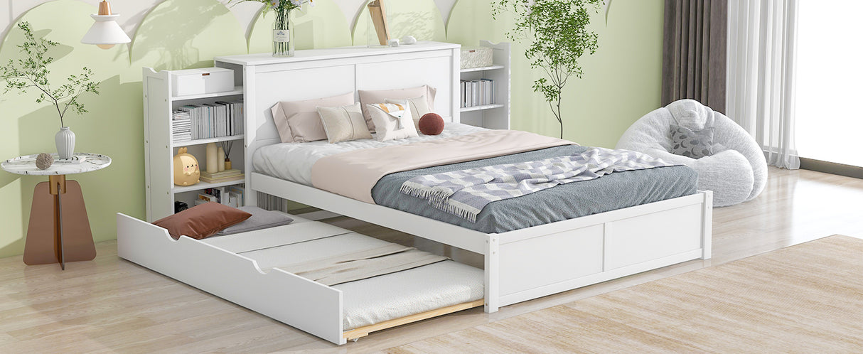 Queen Size Storage Platform Bed with Pull Out Shelves and Twin XL Size Trundle White
