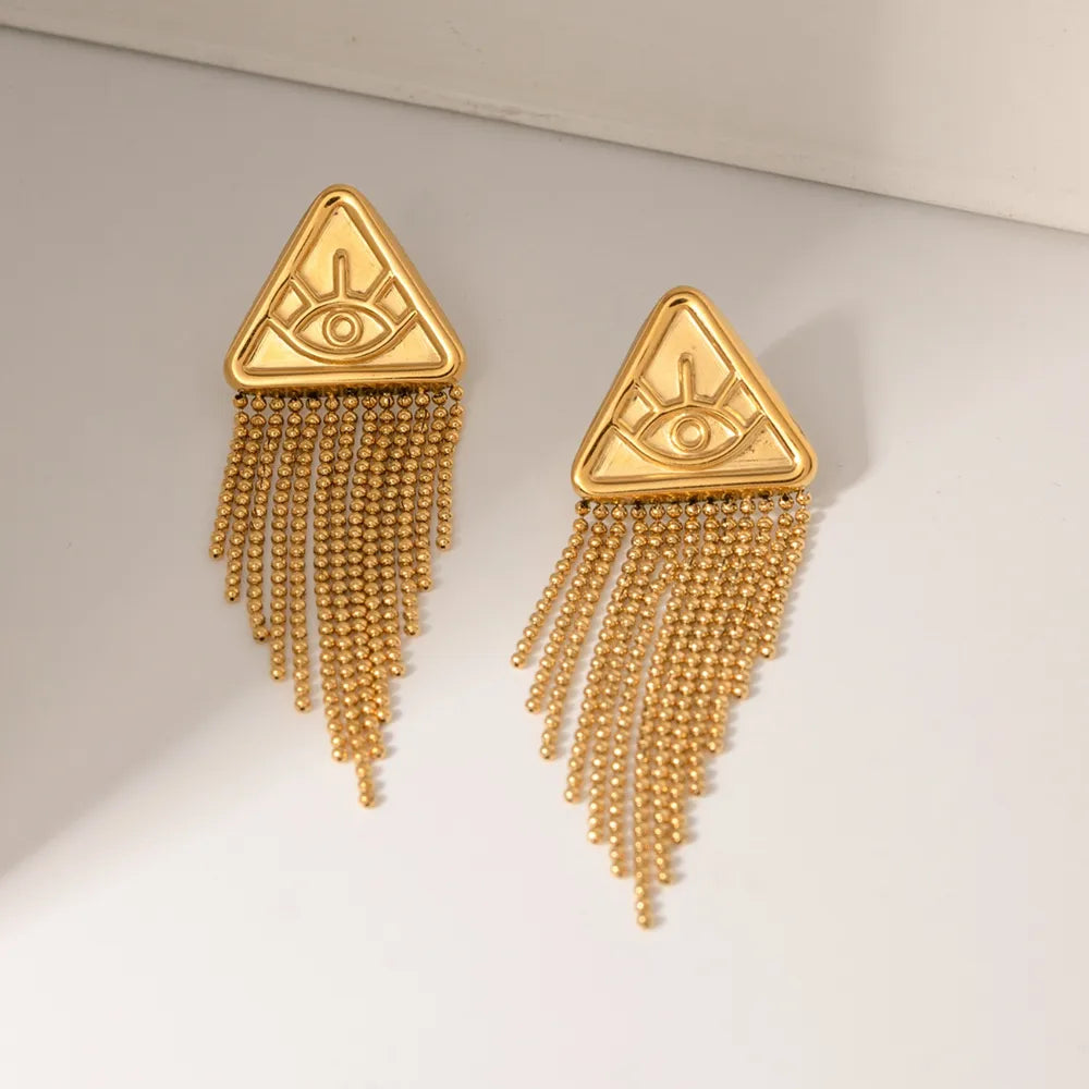 Triangular relief devil's eye design with tassel titanium steel earrings - V.I.P Digital Presence