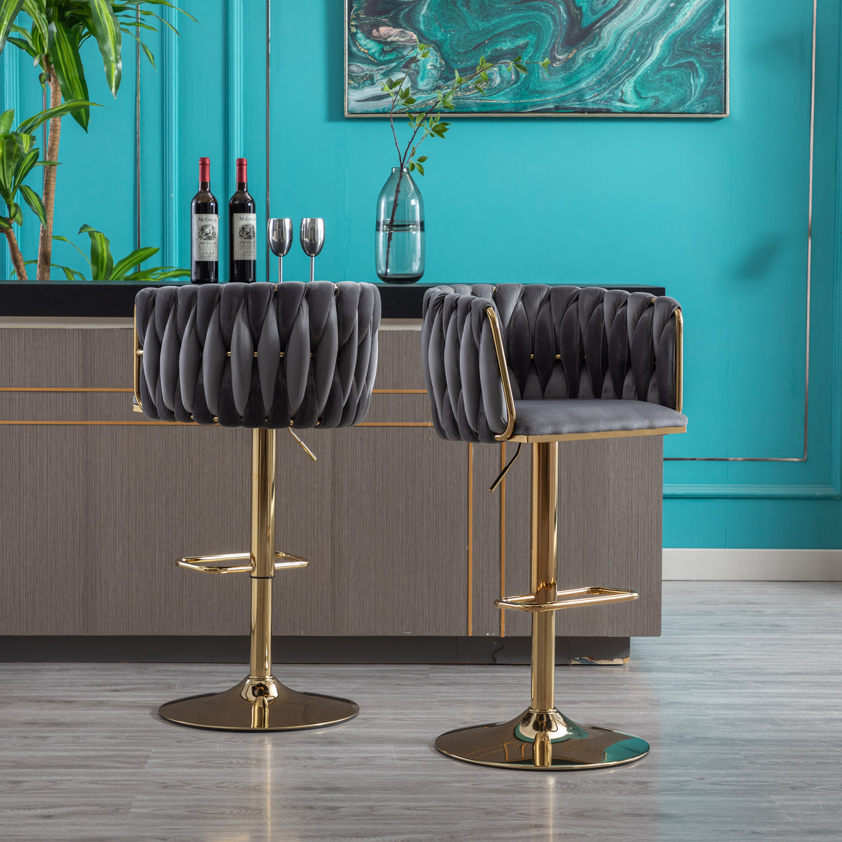 Set of 2 Bar Stools with Chrome Footrest and Base Swivel Height Velvet + Golden Leg Simple Bar Stool-Grey