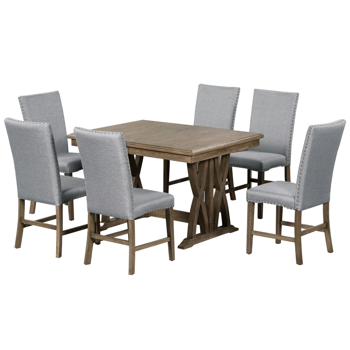 TOPMAX Mid Century Solid Wood 7-Piece Expandable Dining Table Set with Soft Cushioned Chair, Gold Brown+Gray Cushions