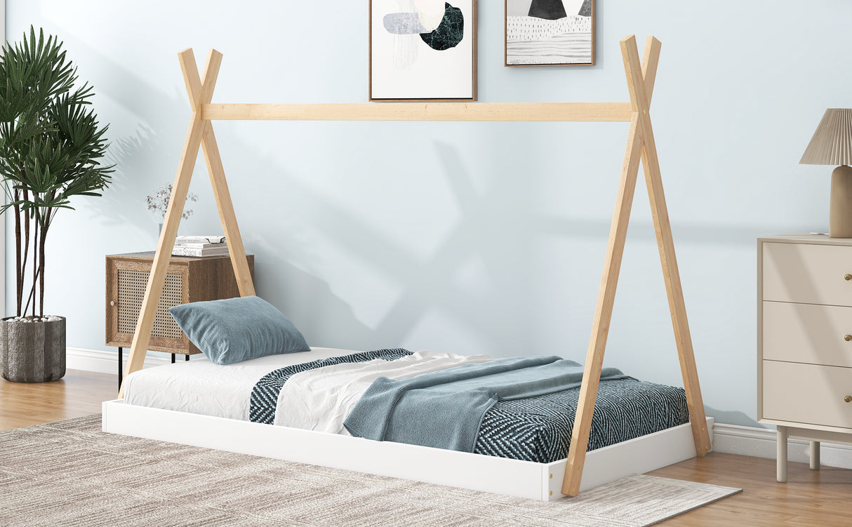 Twin Size Tent Floor Bed with Triangle Structure White+Natural