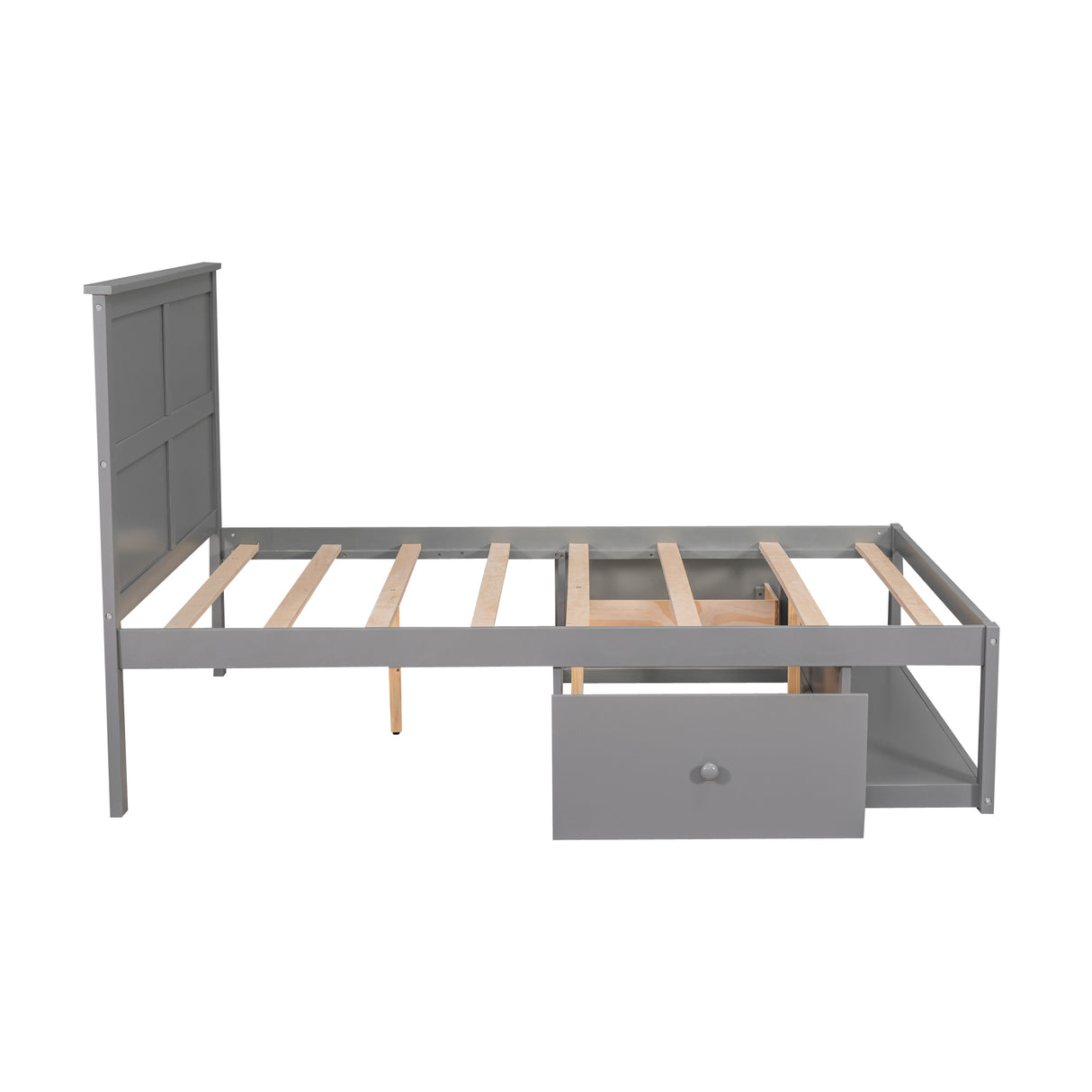 Full Size Platform Bed with Drawer on the Each Side and Shelf on the End of the Bed Gray
