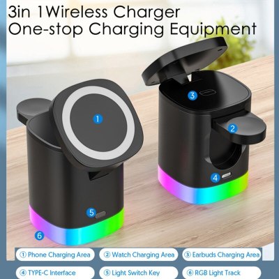 3 In 1 Magnetic Wireless Fast Charger For Smart Phone RGB Ambient Light Charging Station For Airpods IWatch - V.I.P Digital Presence